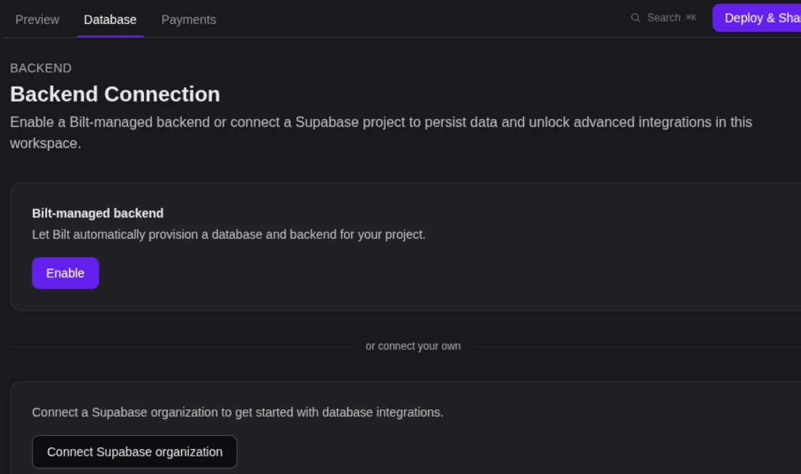 Bilt-managed backend connection screen