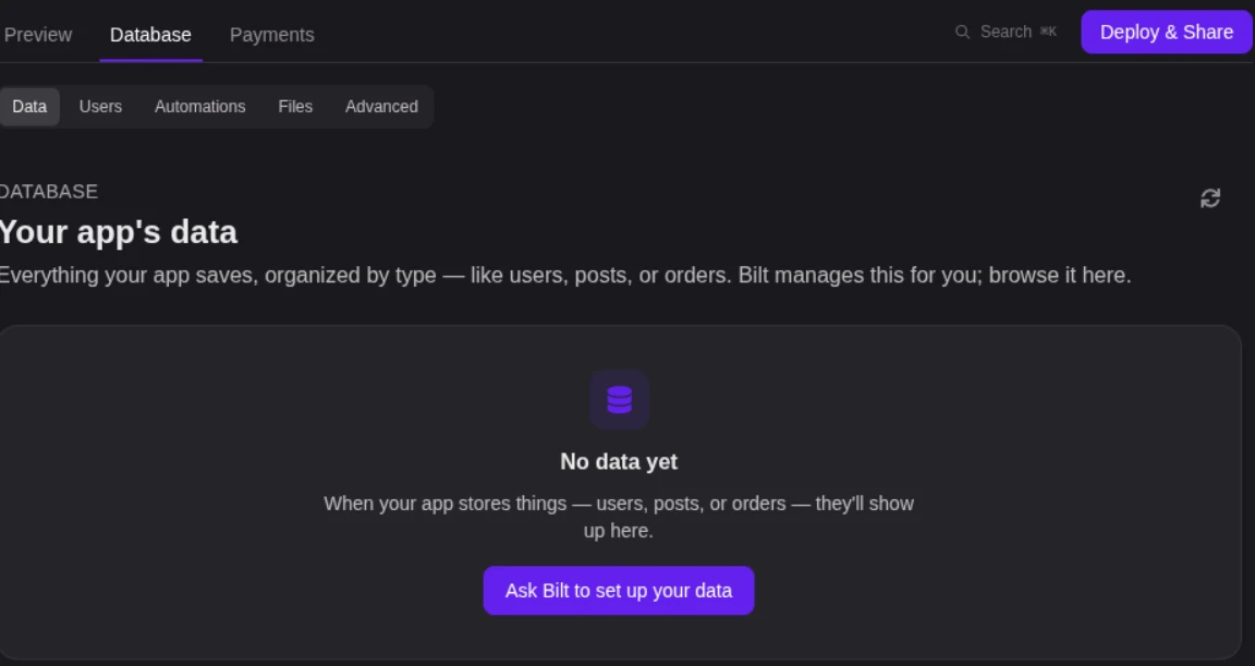 Bilt Cloud’s Data tab after enabling the managed backend