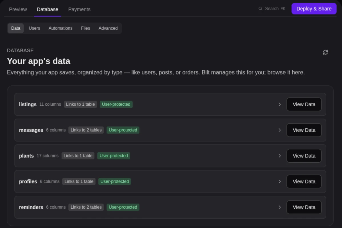 Bilt’s Data tab showing tables, columns, links, and protection badges