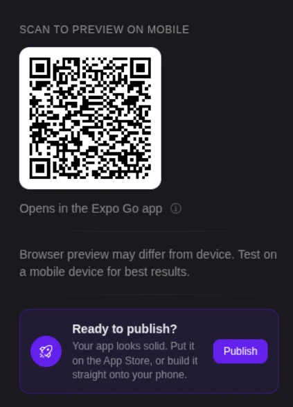 Bilt’s preview-panel QR code opens the app in Expo Go on a phone.