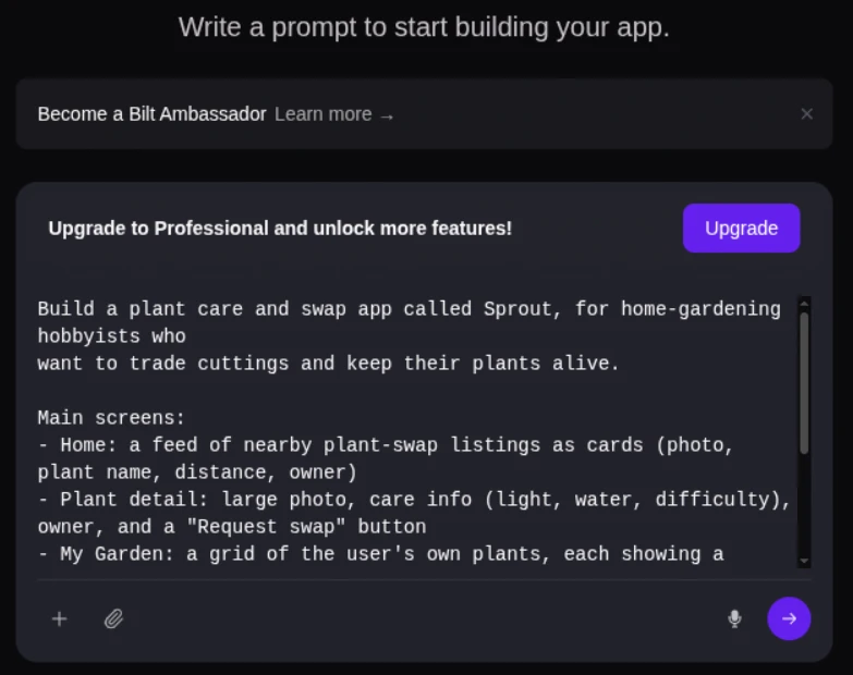 Bilt app-creation screen with a prompt field for describing an app idea