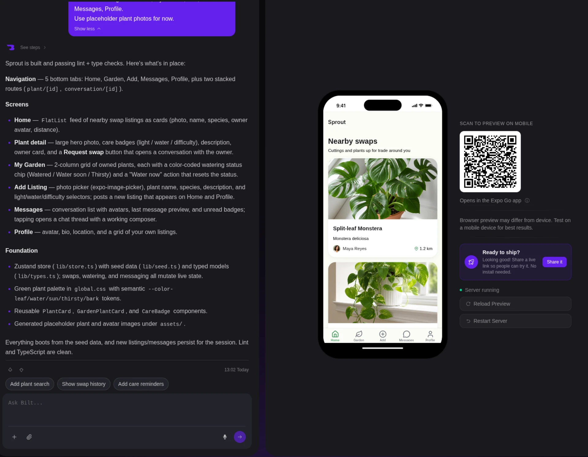 Bilt generating an app while the live preview updates