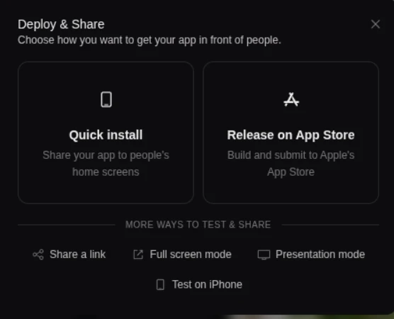 Bilt Deploy & Share screen for publishing an event app to the web