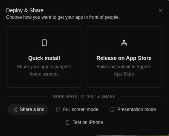 Bilt PWA publishing screen with public URL and custom-domain settings