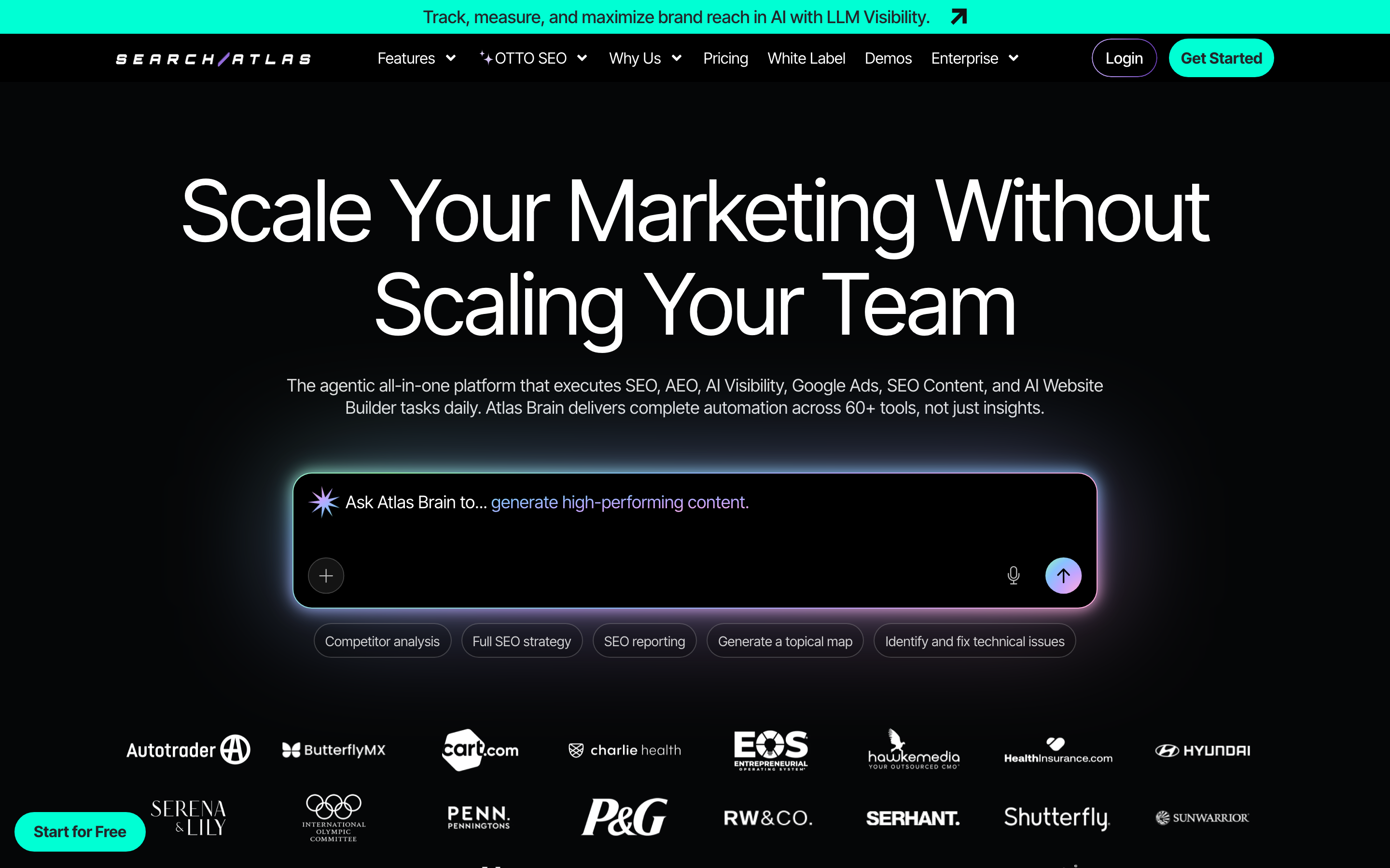 Search Atlas homepage hero section positioning the platform for SEO, content optimization, and HARO link-building