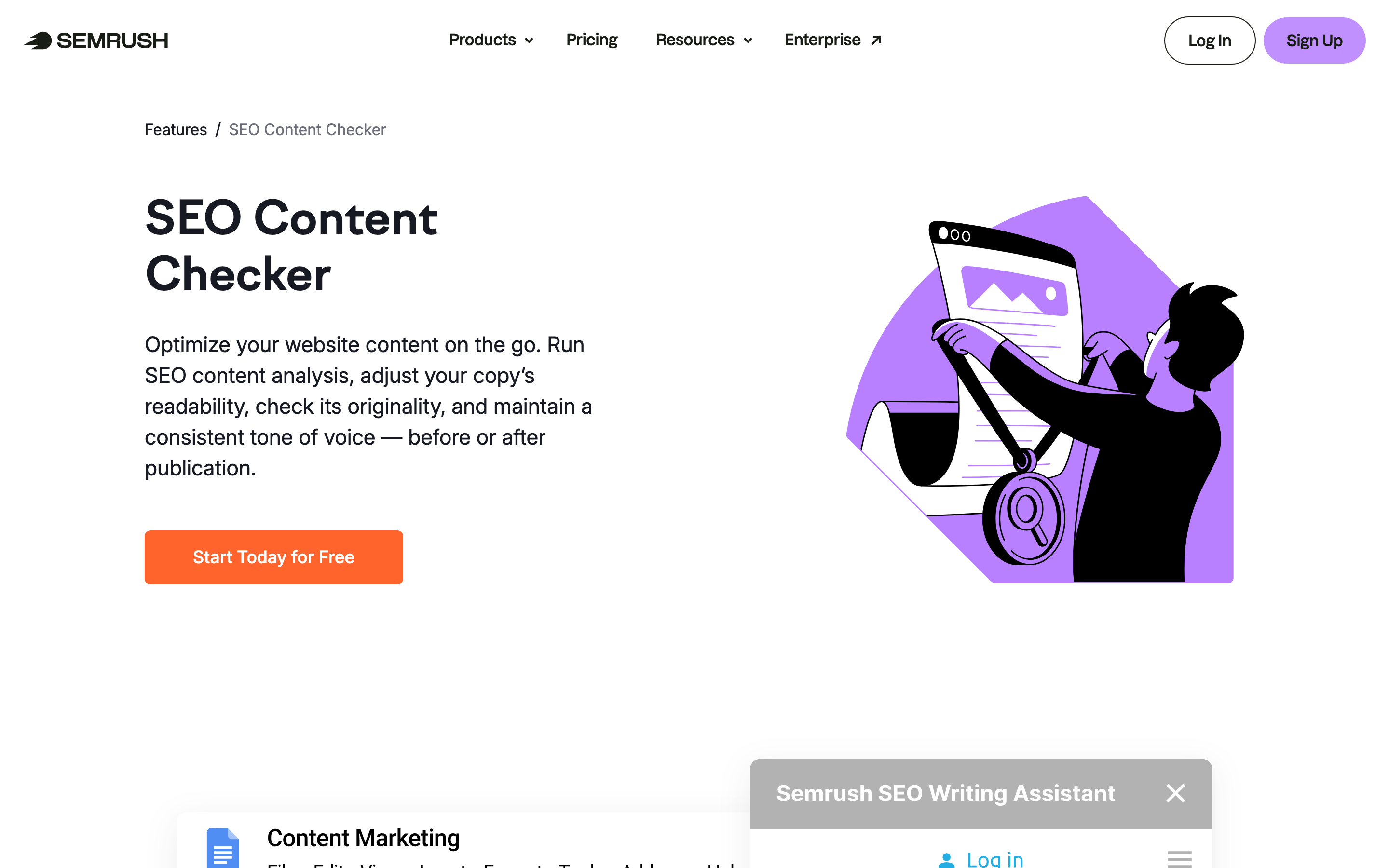 Semrush SEO Writing Assistant feature page showing the product hero and real-time content scoring interface