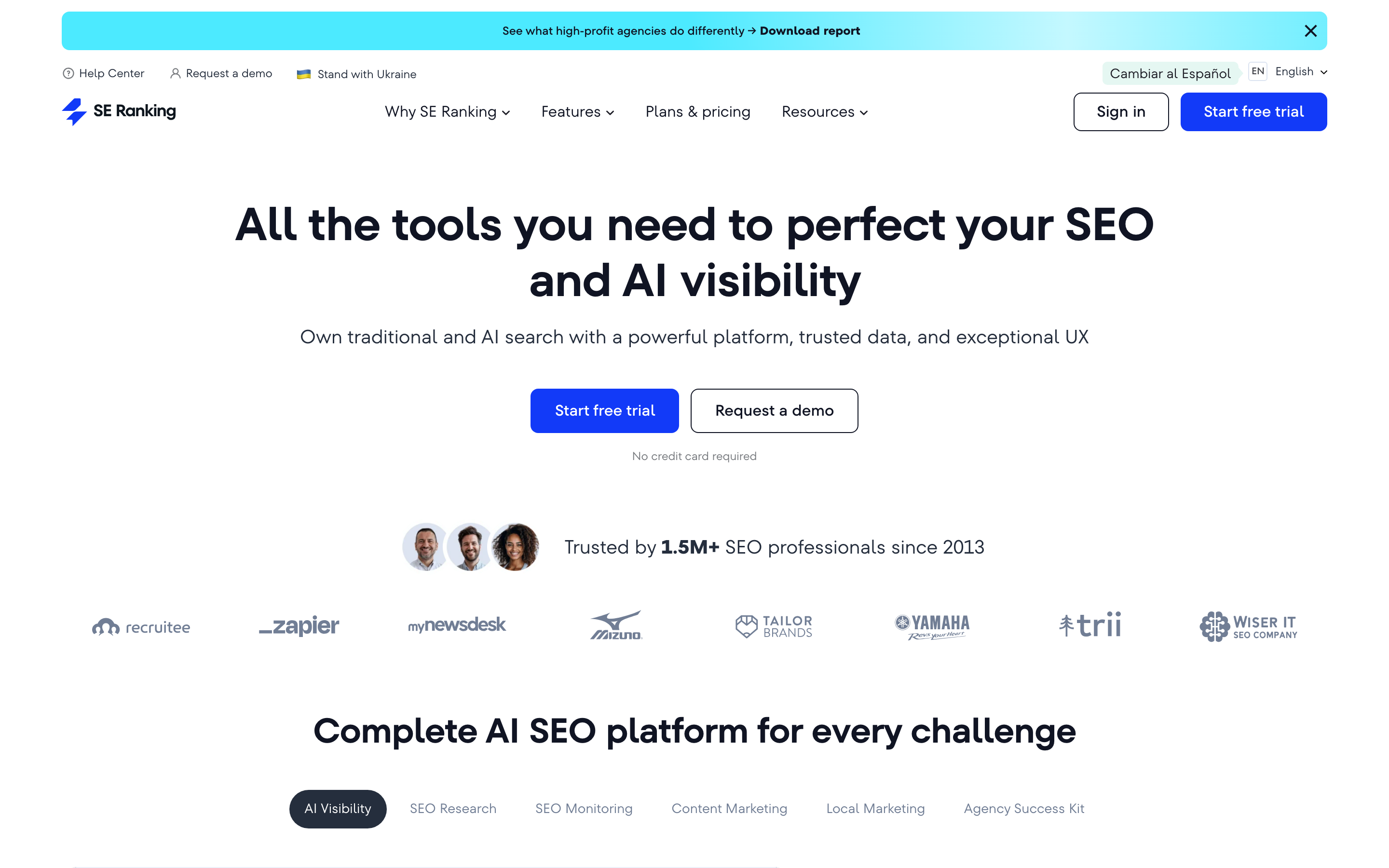 SE Ranking homepage hero section positioning the platform as a full SEO suite with rank tracking, audits, and content tools