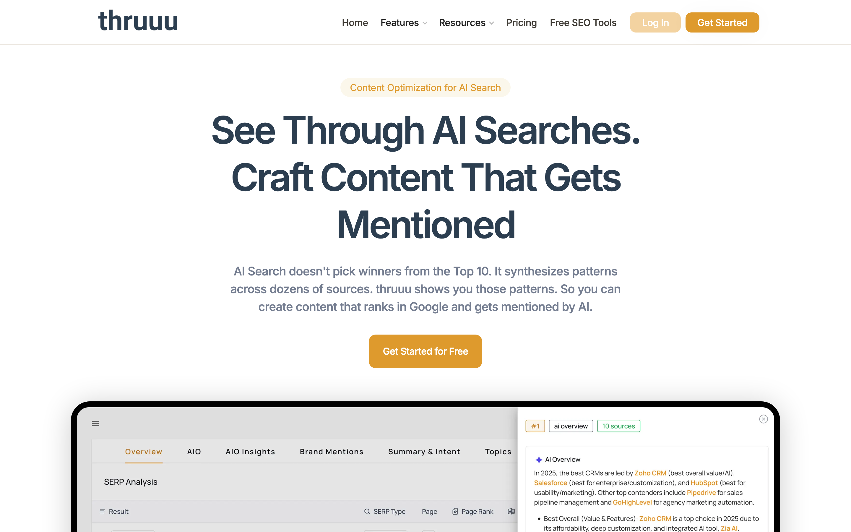 Thruuu homepage hero section showing the SERP analysis and search intent research interface
