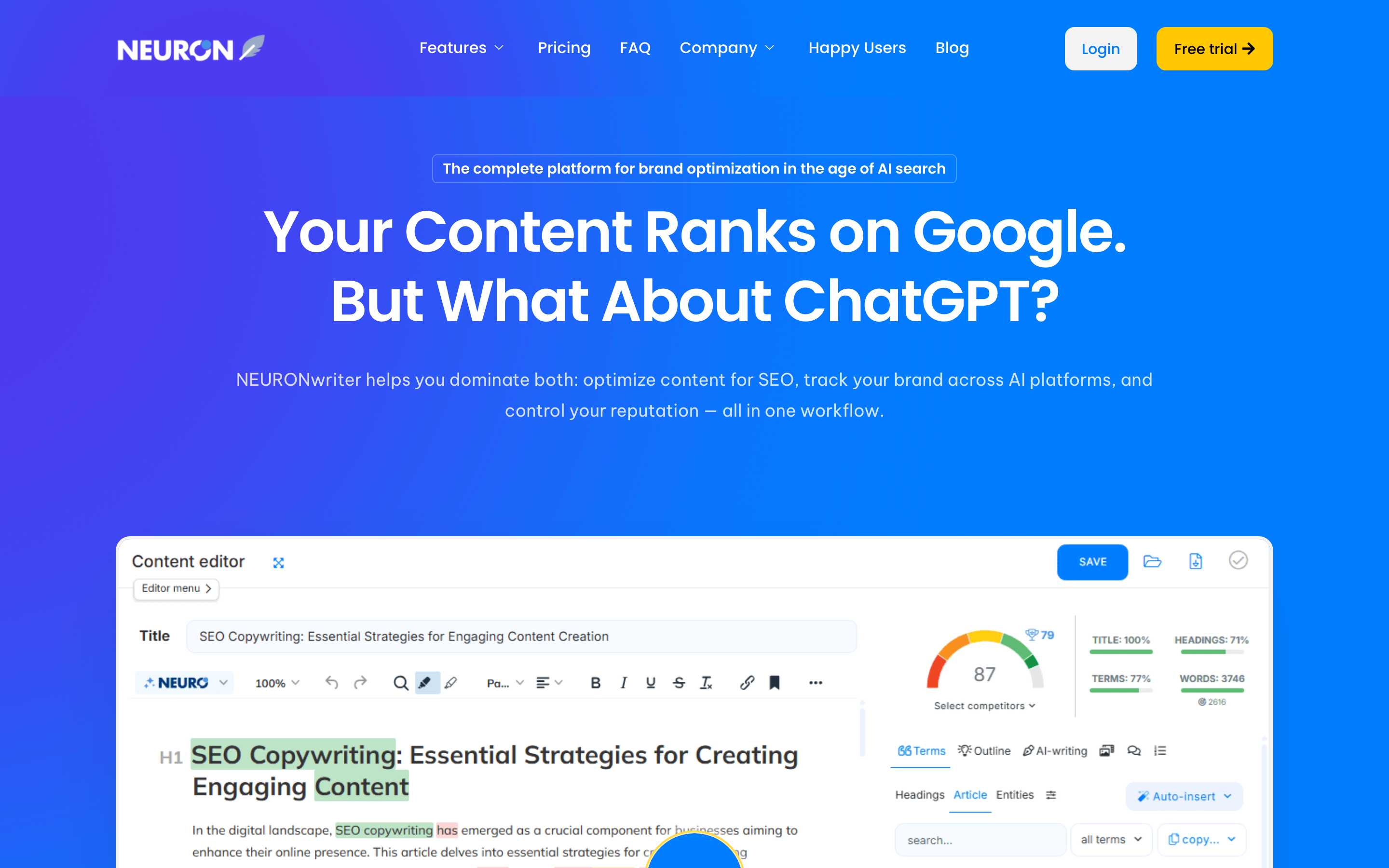 NeuronWriter homepage hero section showing the NLP content optimization and AI drafting interface