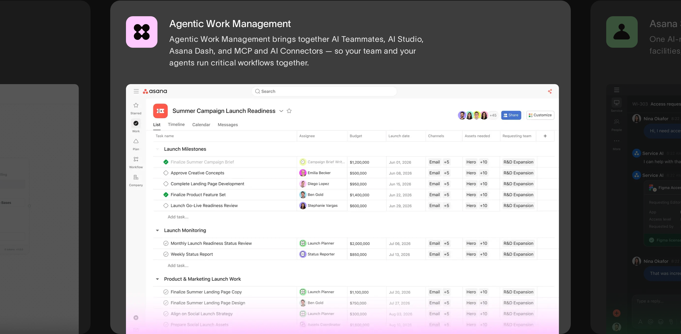 Asana work management interface showing project boards, timelines and task views