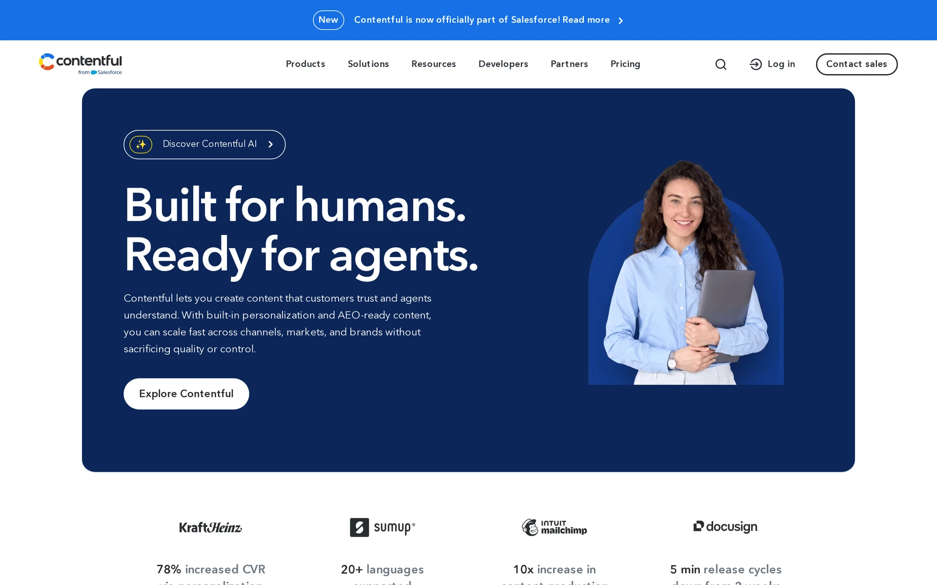 Contentful homepage hero presenting its composable content platform