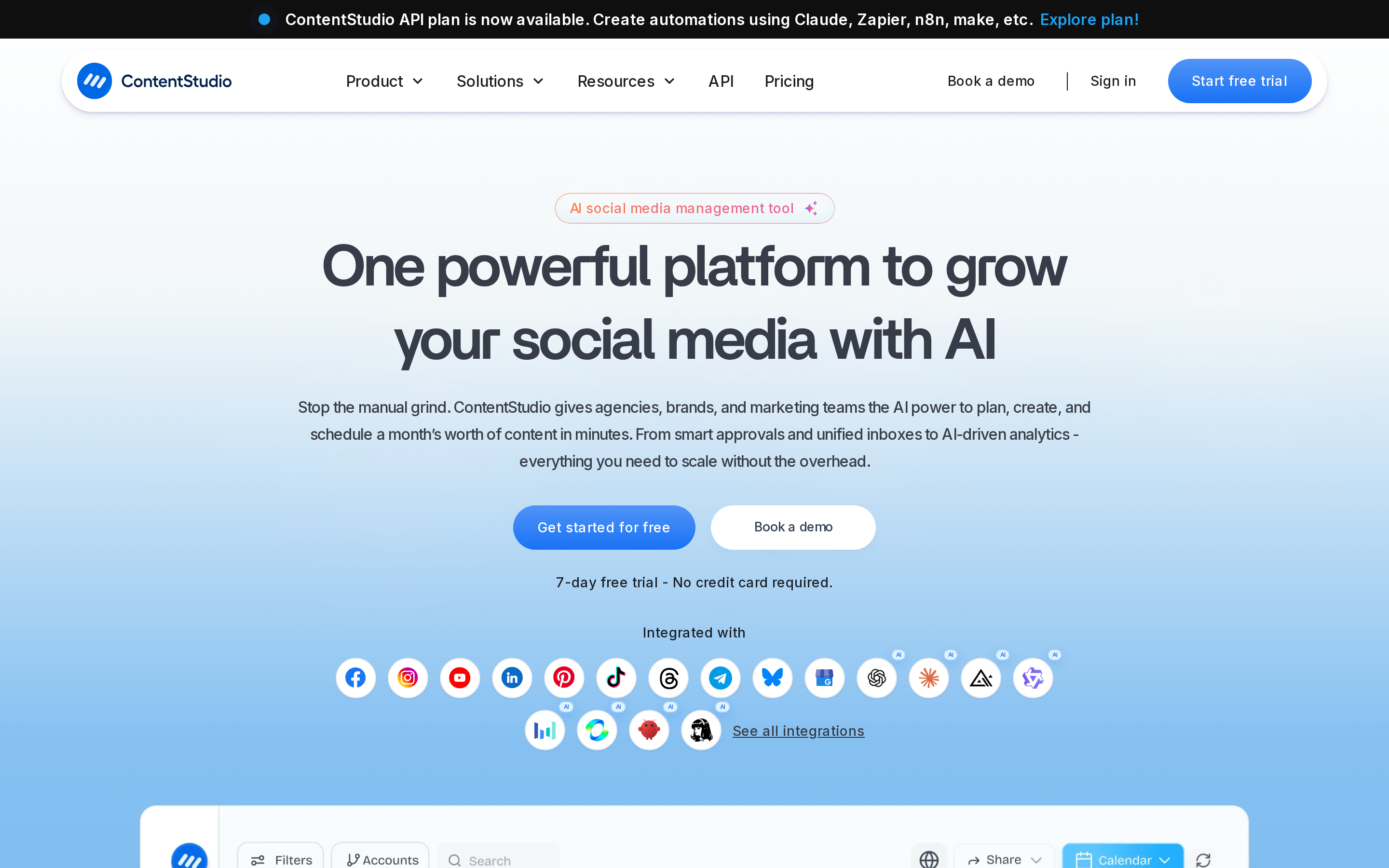 ContentStudio social media management dashboard showing scheduling and content discovery