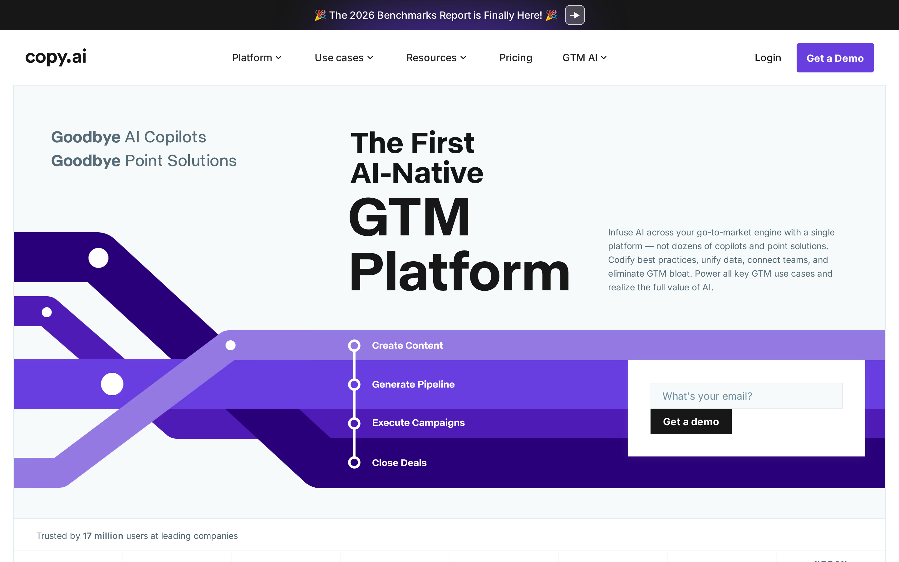 Copy.ai landing page showing its AI-Native GTM Platform positioning with the tagline 'Goodbye AI Copilots'
