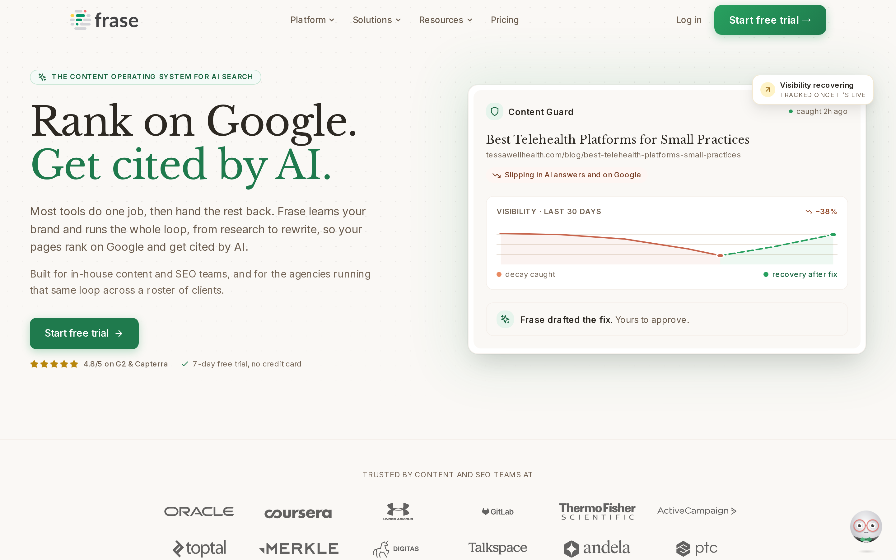 Frase homepage hero presenting its SEO and AI content optimization platform