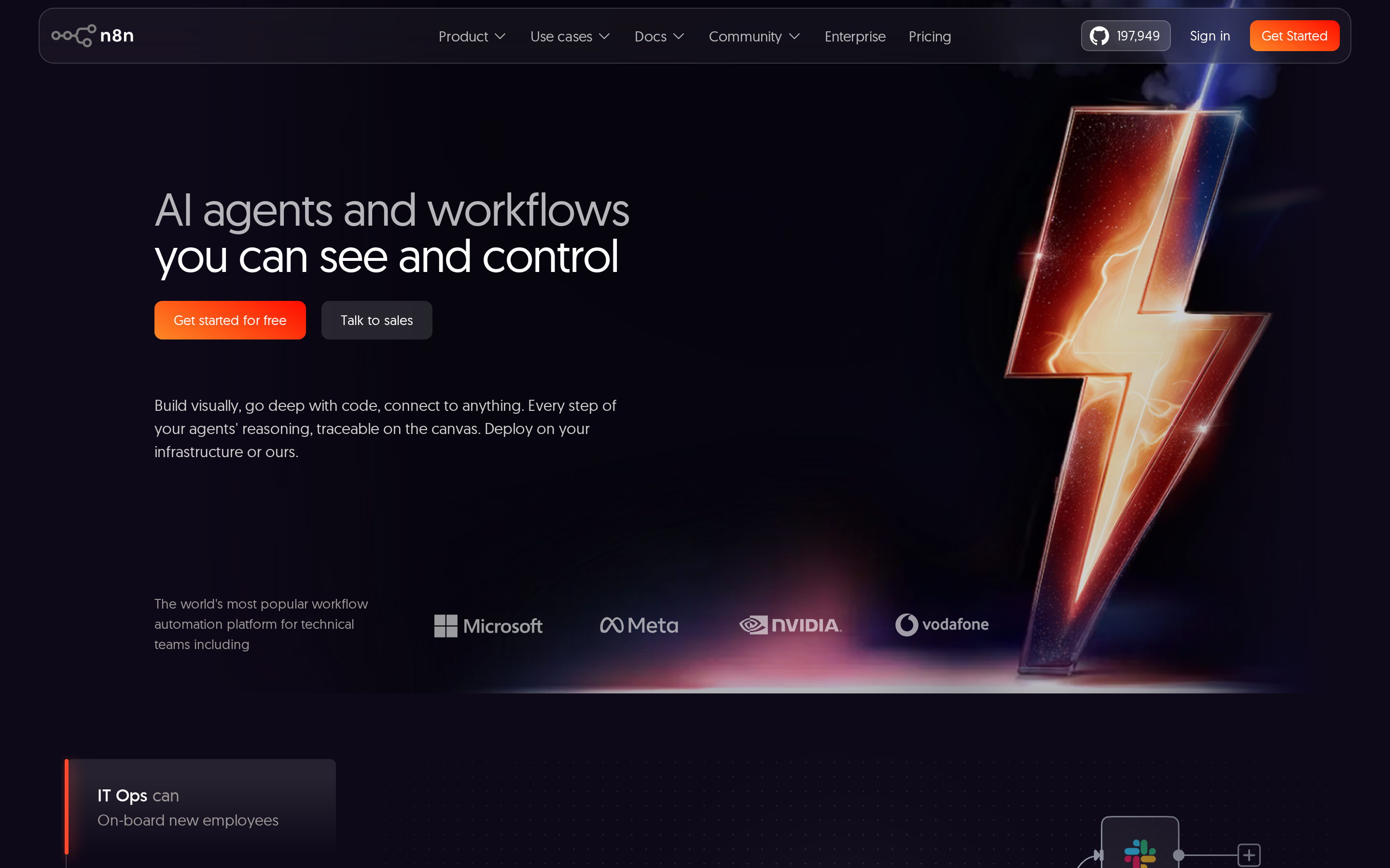 n8n homepage hero presenting its workflow automation platform
