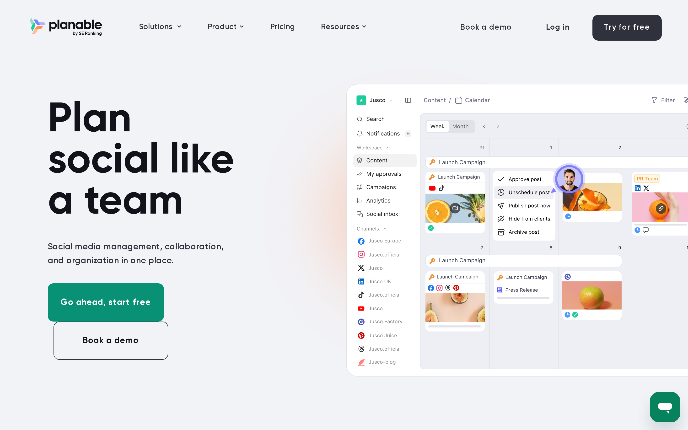 Planable social collaboration and approval workspace with feed preview