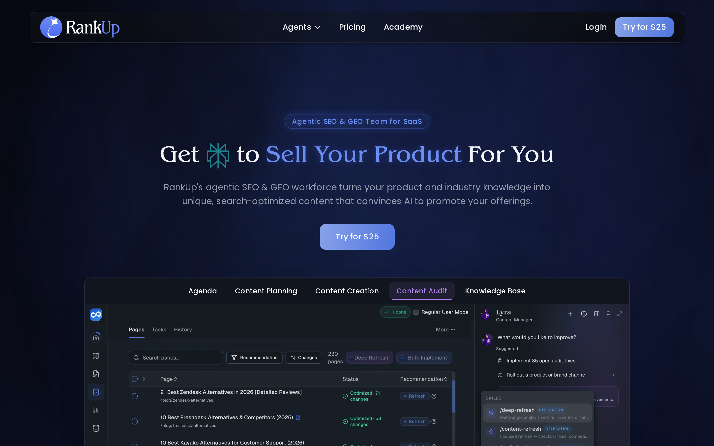Current RankUp homepage hero presenting its agentic SEO and GEO content team for SaaS companies