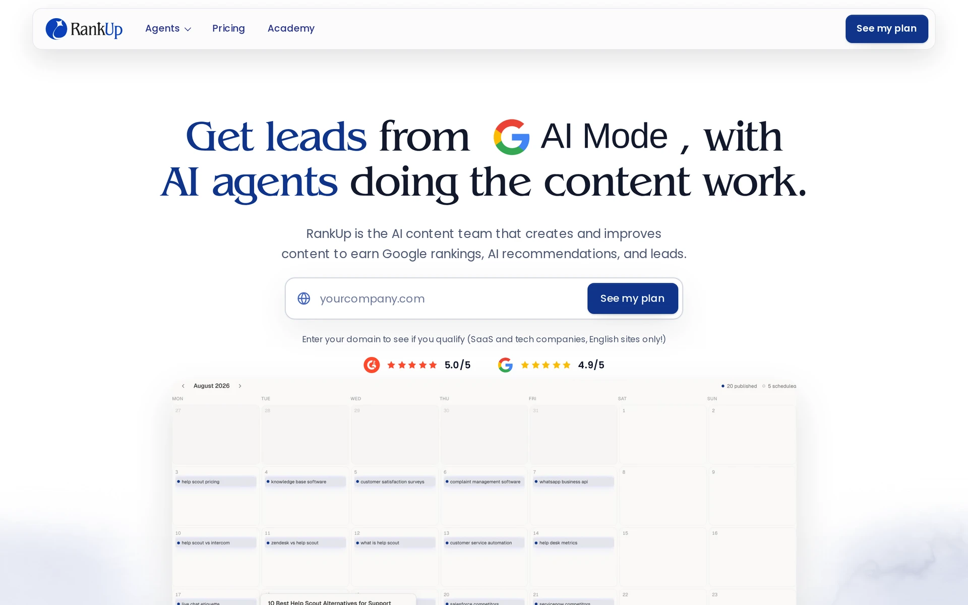 RankUp homepage hero showing its AI content team, qualification CTA, customer ratings, and content calendar