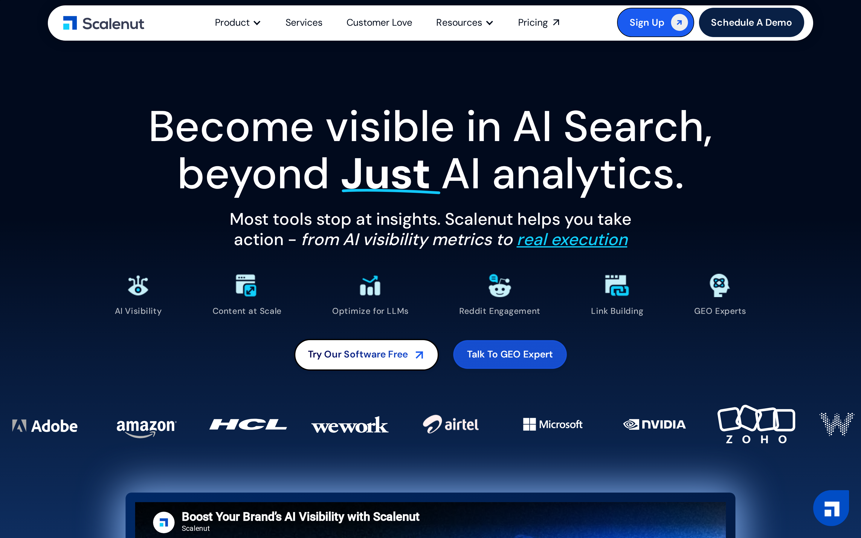 Scalenut homepage hero showing AI search visibility positioning with headline 'Become visible in AI Search, beyond Just AI analytics'