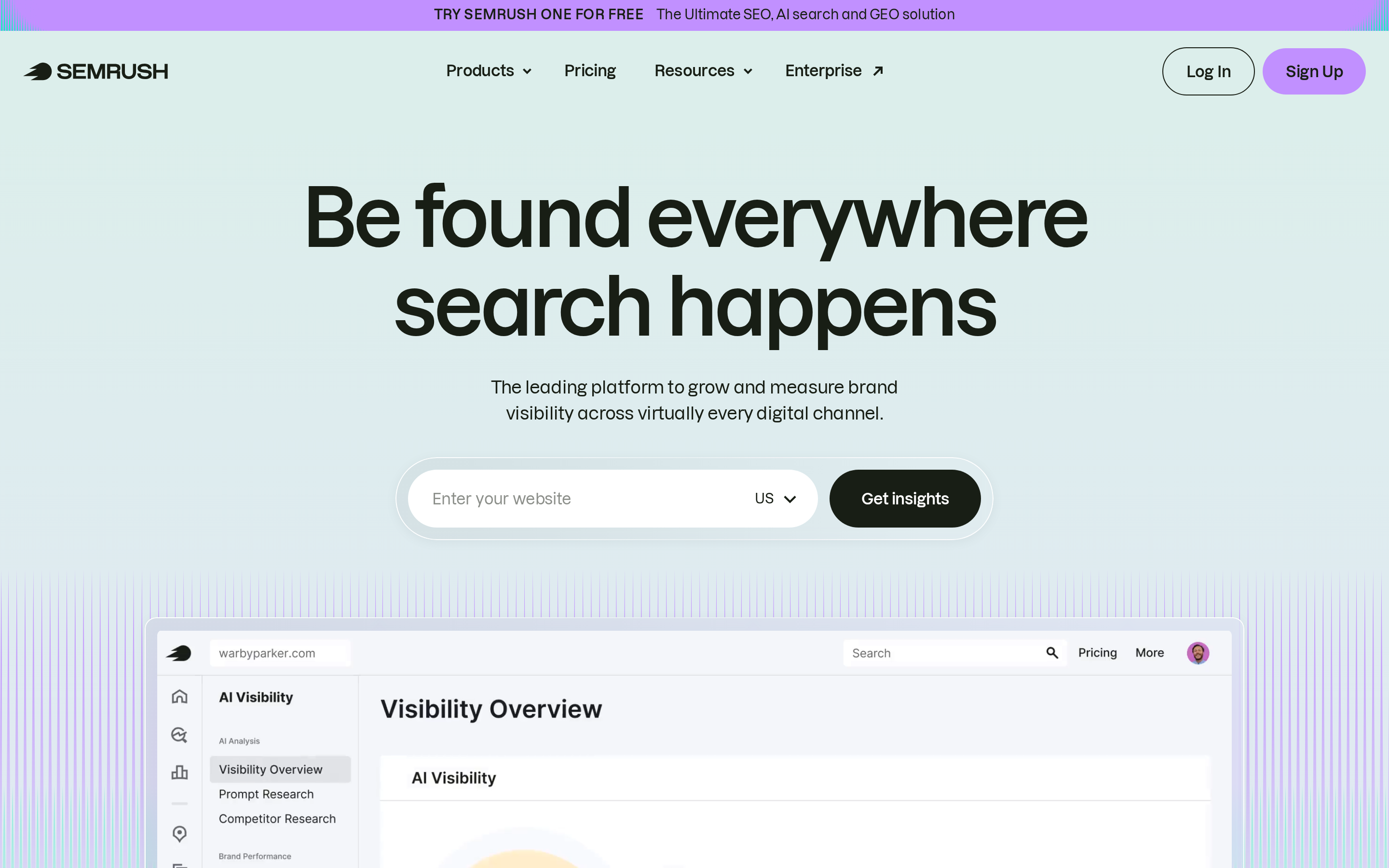 Semrush landing page and AI Visibility dashboard showing brand presence tracking across AI search platforms