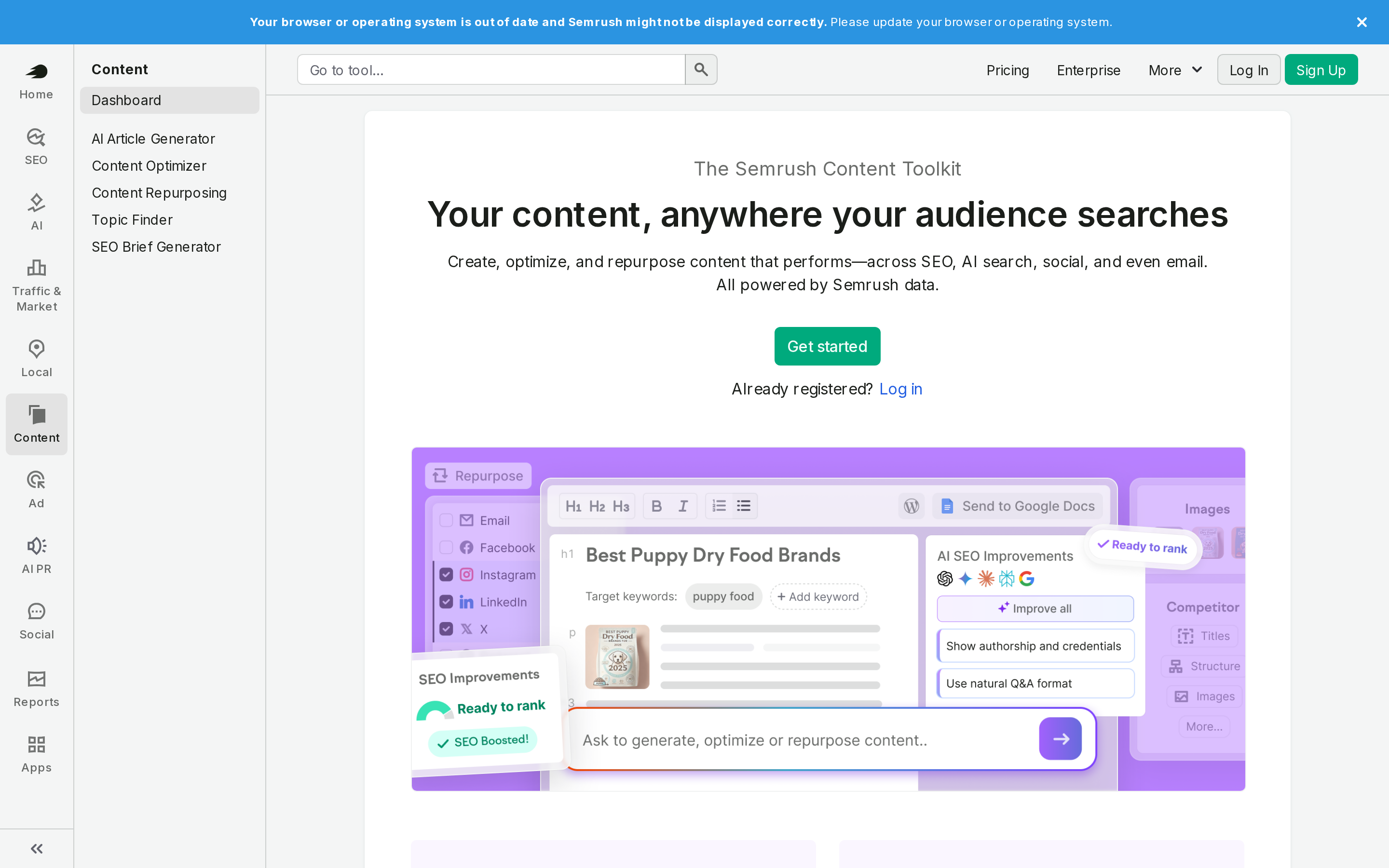 Semrush Content Toolkit supporting topic research, briefs, writing, and optimization