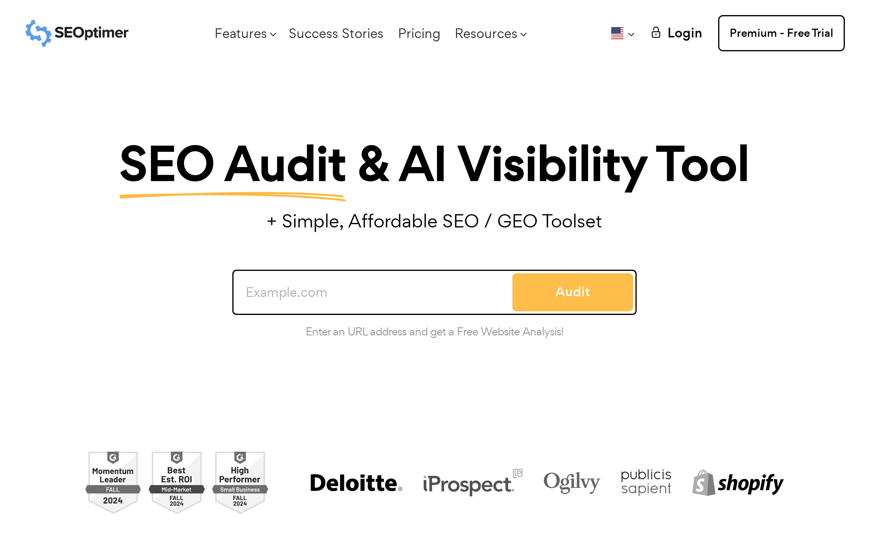 SEOptimer homepage showing its site audit and reporting tool for domain-wide SEO scans SEOptimer homepage showing its site audit and reporting tool for domain-wide SEO scans