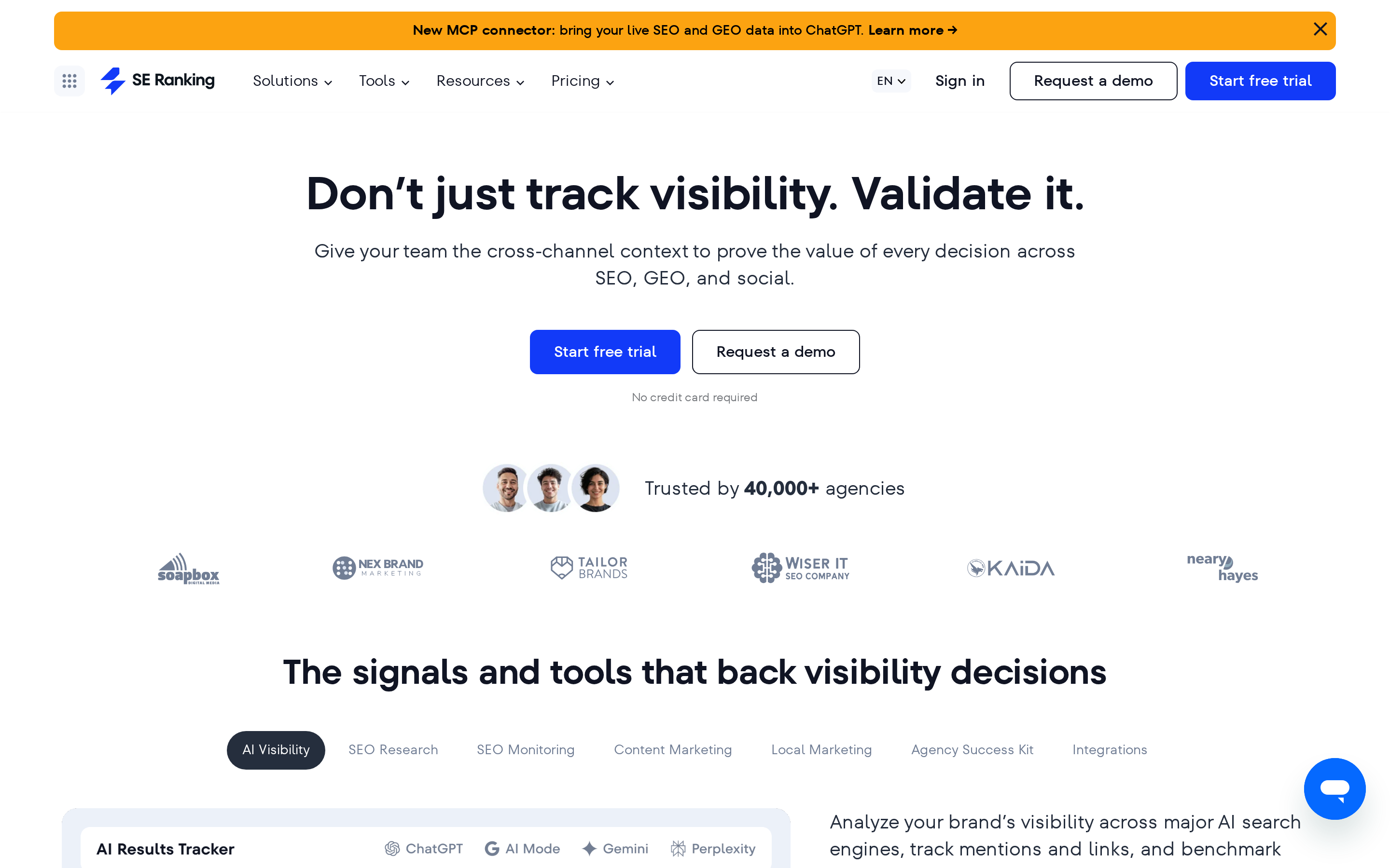 SE Ranking homepage showing its all-in-one SEO platform for research, tracking, and audits SE Ranking homepage showing its all-in-one SEO platform for research, tracking, and audits