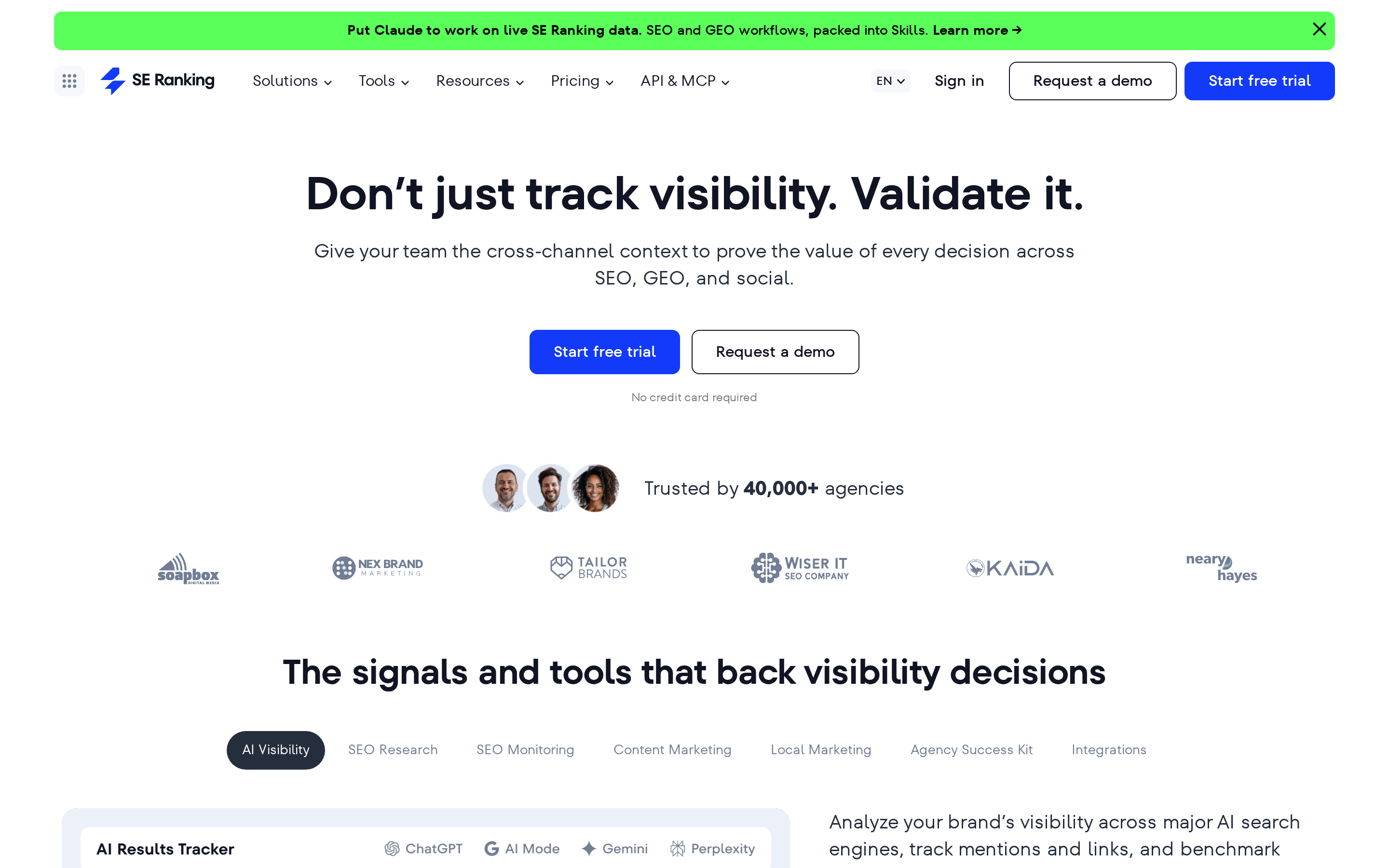 SE Ranking homepage showing its AI visibility, SEO research, monitoring, content, and local marketing modules