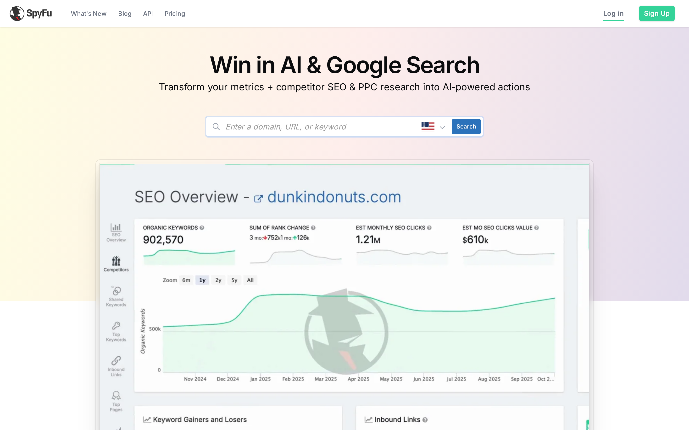 SpyFu homepage showing its competitor keyword research and PPC/SEO intelligence tools SpyFu homepage showing its competitor keyword research and PPC/SEO intelligence tools