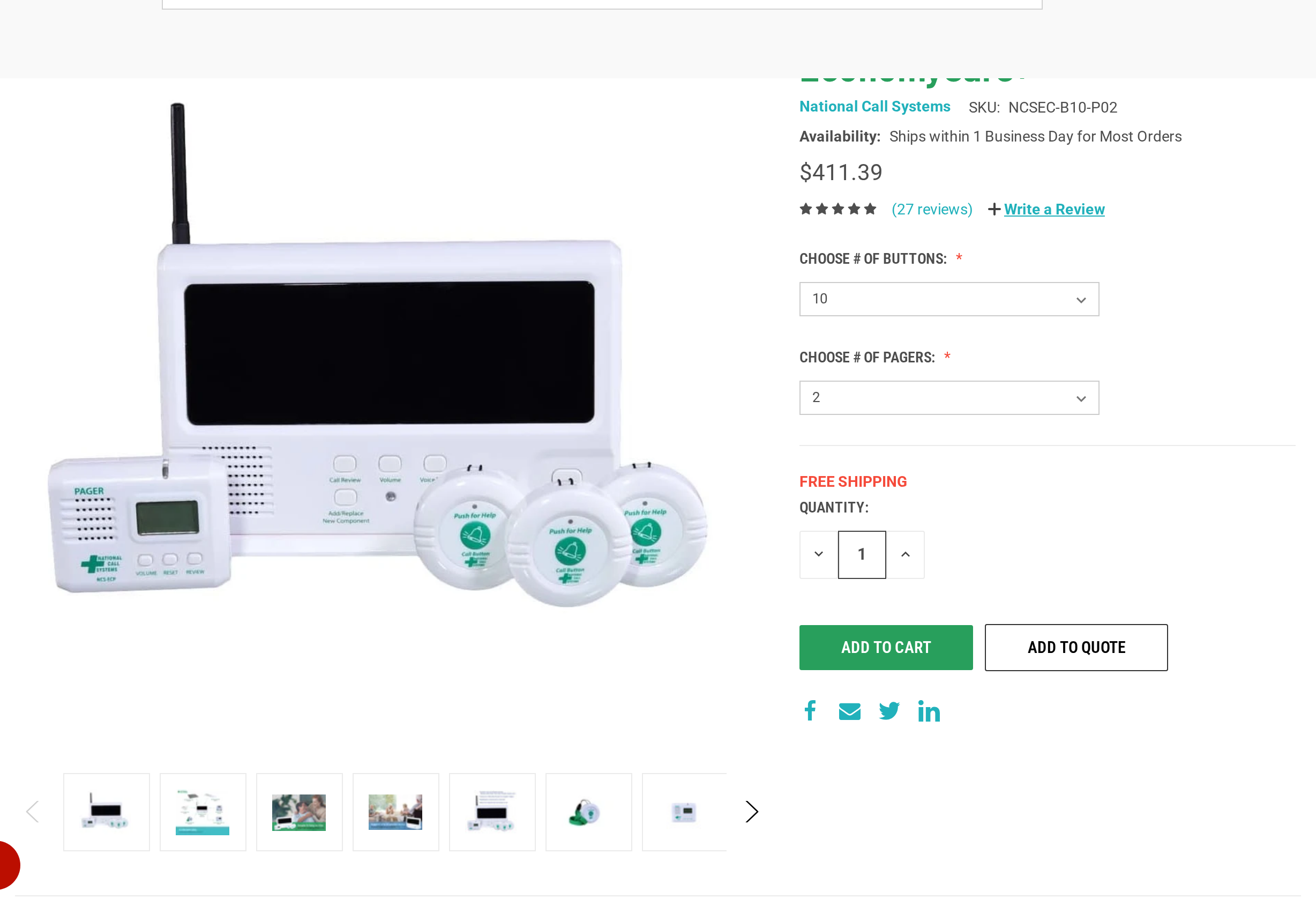 EconomyCare+ wireless nurse call starter kit showing base monitor unit, LCD pager, and three call buttons priced at $411