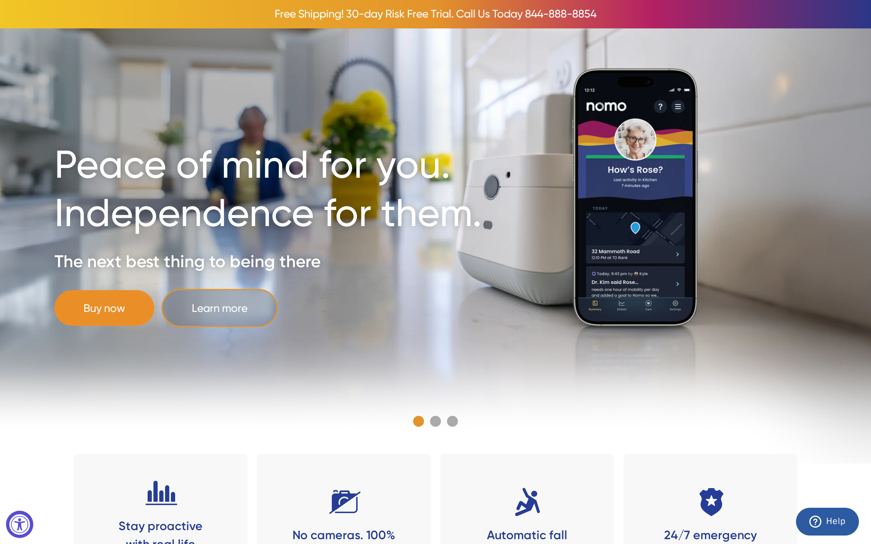 Nomosmartcare — AI hub device with companion app showing resident activity status, last location, and care team updates