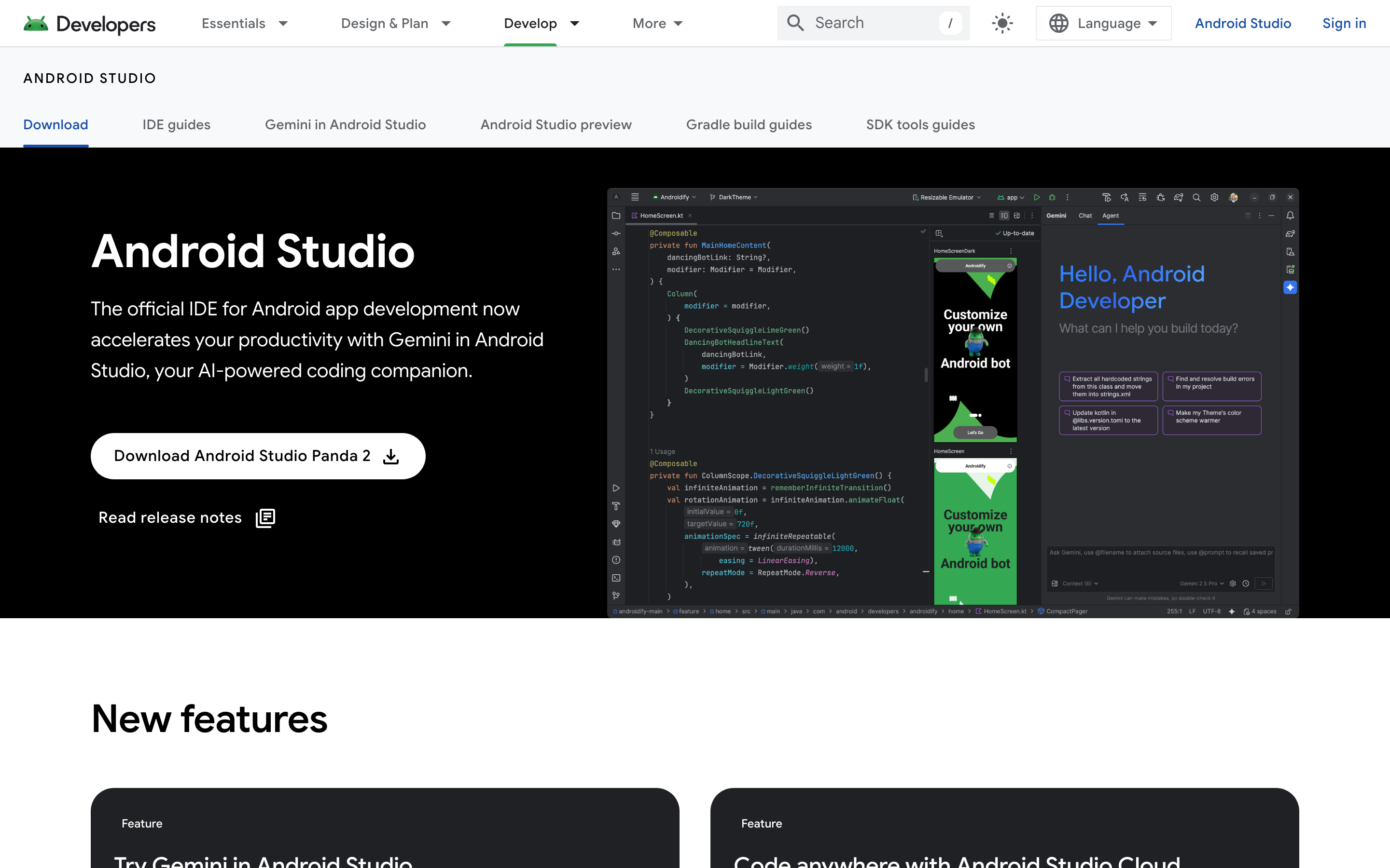 Android Studio landing page