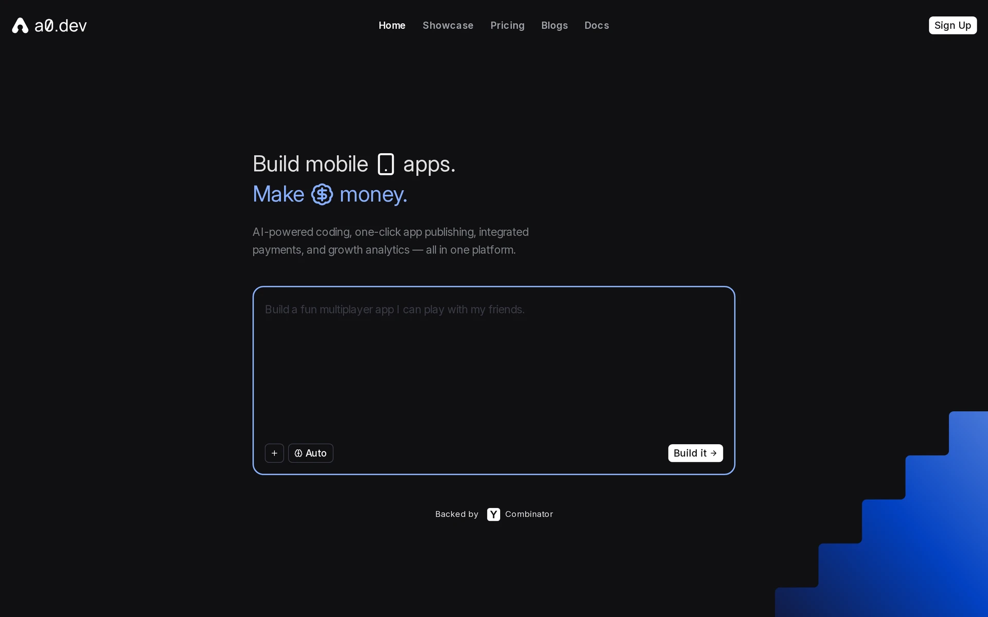 a0.dev AI mobile app builder landing page with an app-description prompt and Build it button
