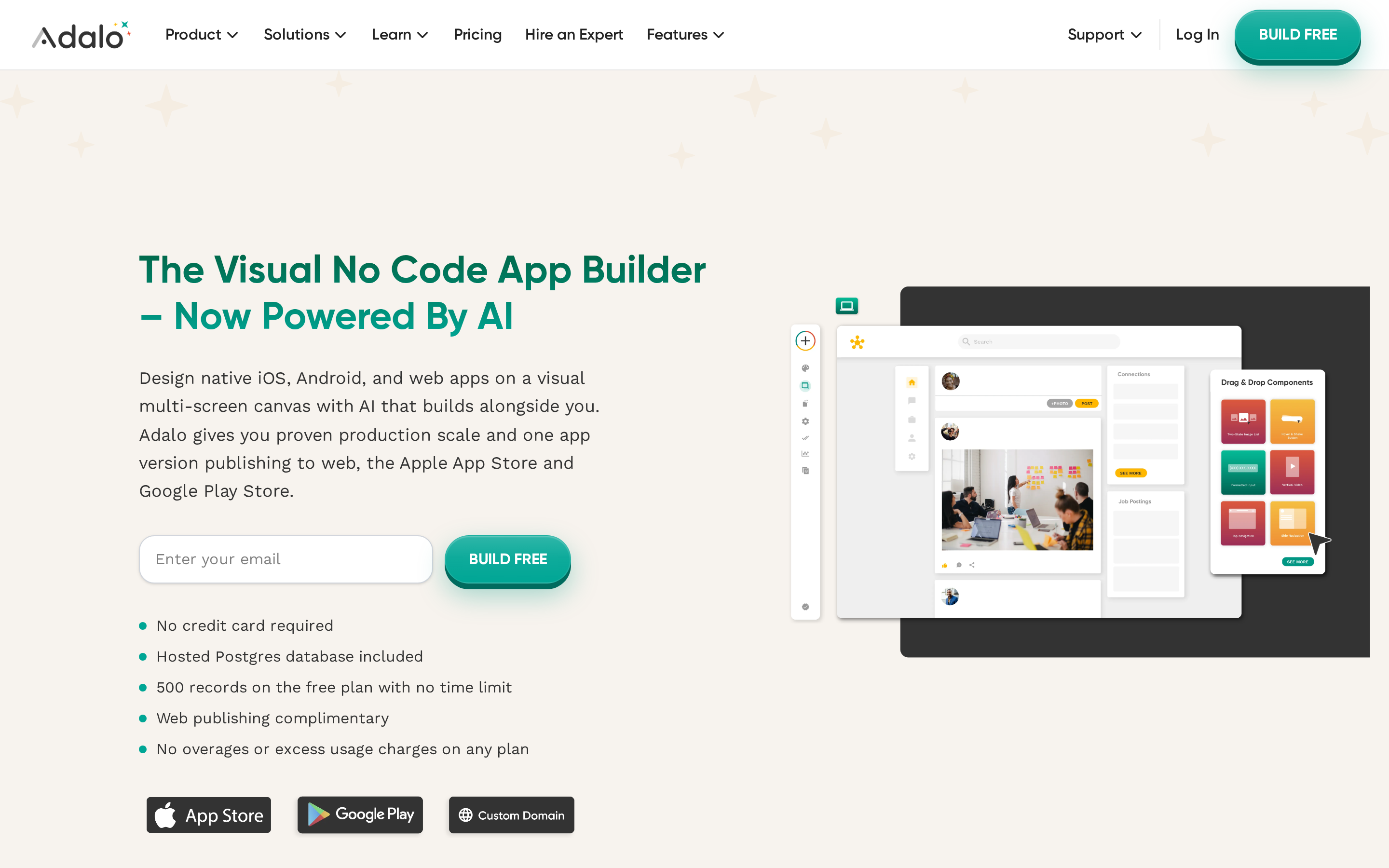 Adalo's visual drag-and-drop canvas builder with relational database and multi-screen app layout