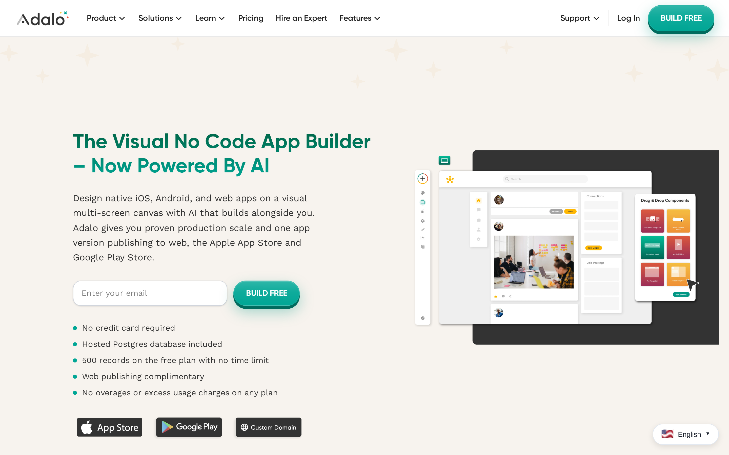 Adalo landing page: visual no-code builder for database-driven web, iOS, and Android apps