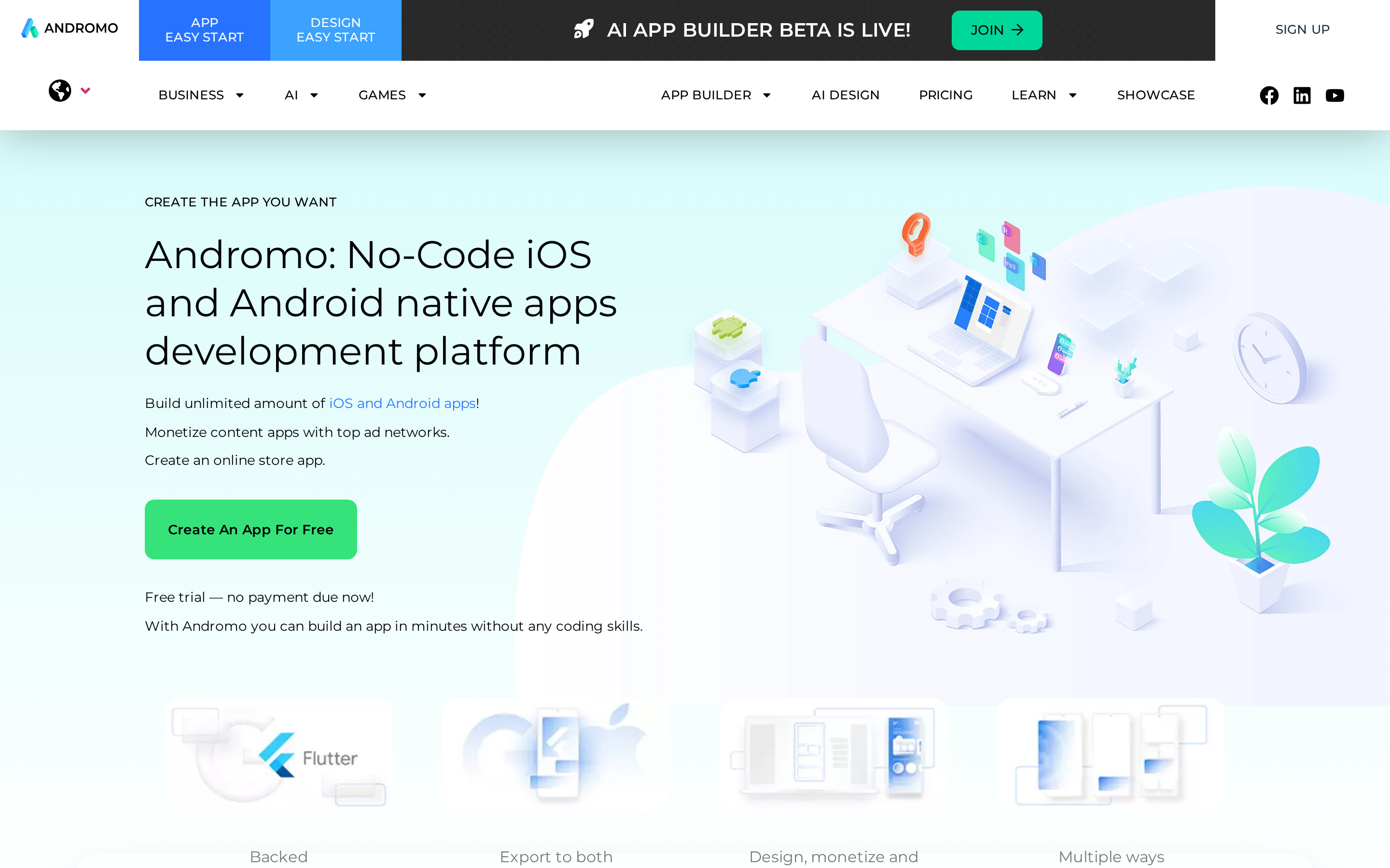 Andromo content app builder with Flutter-based templates