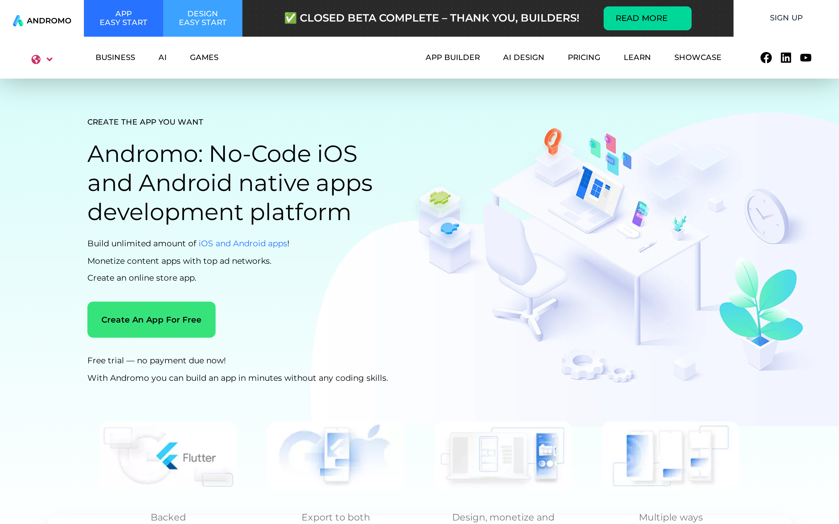 Andromo landing page: no-code builder for content, radio, and ad-supported apps