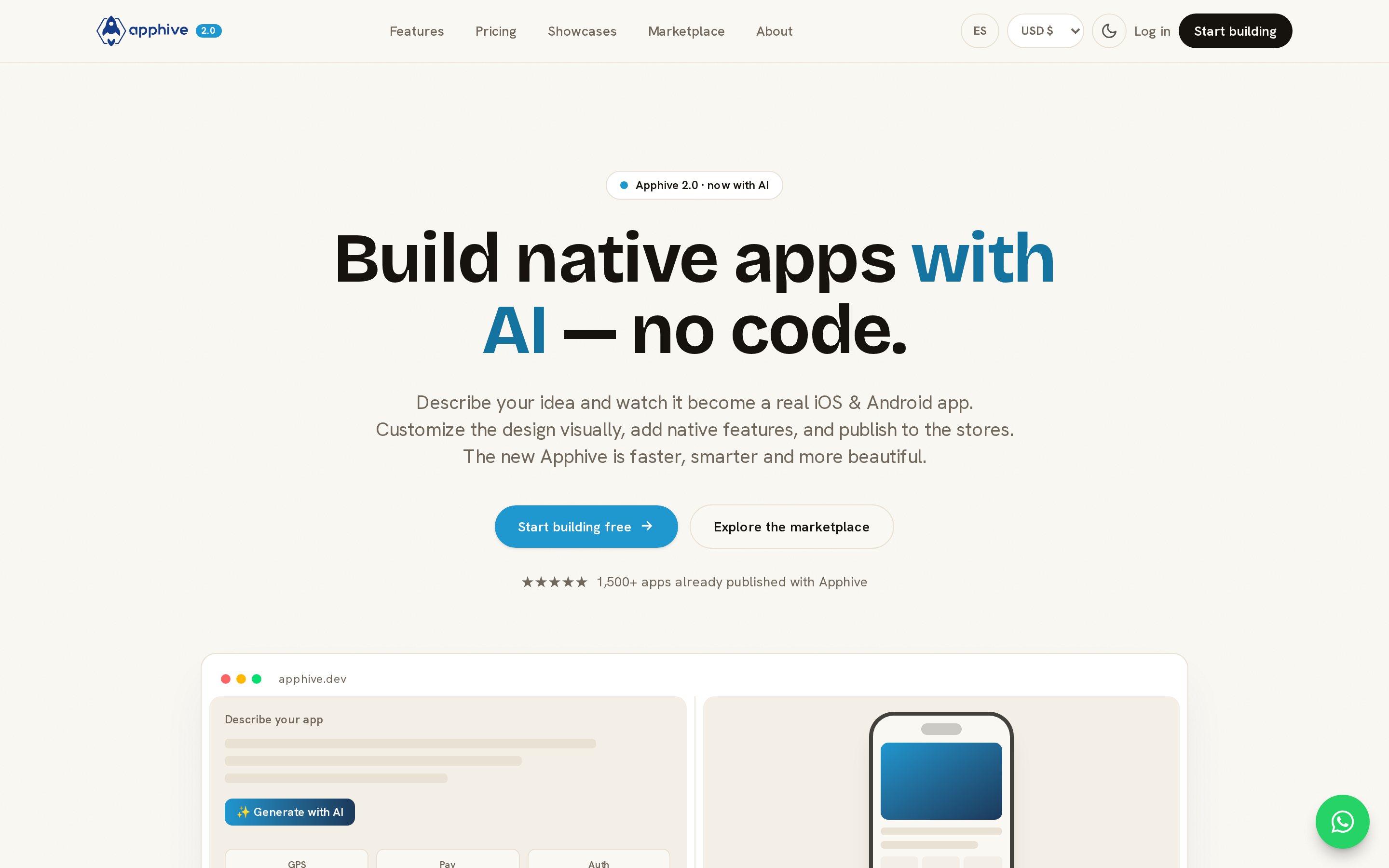 Apphive landing page: no-code builder that generates Android and iOS apps from text descriptions