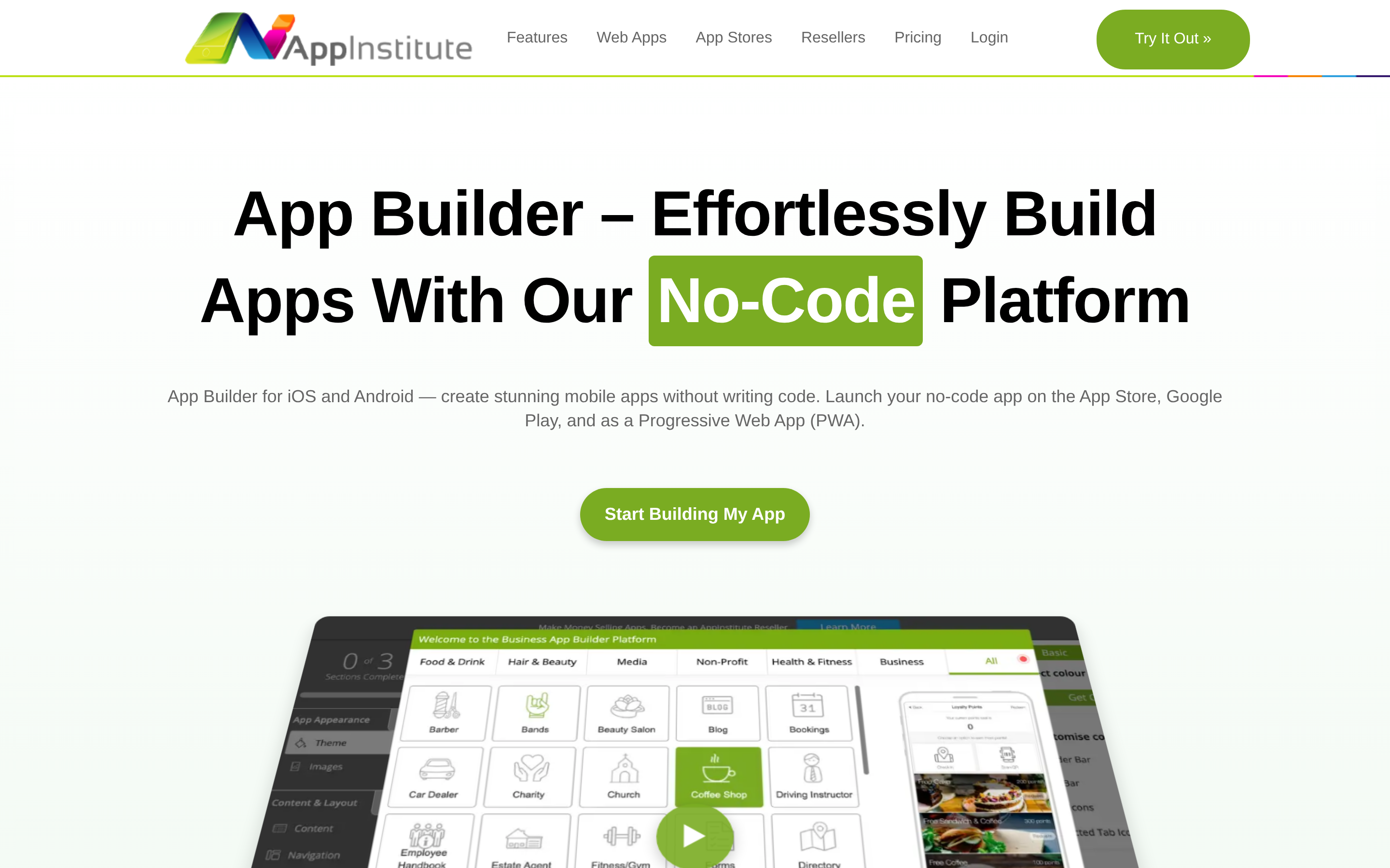 AppInstitute website showing its app maker and mobile app preview