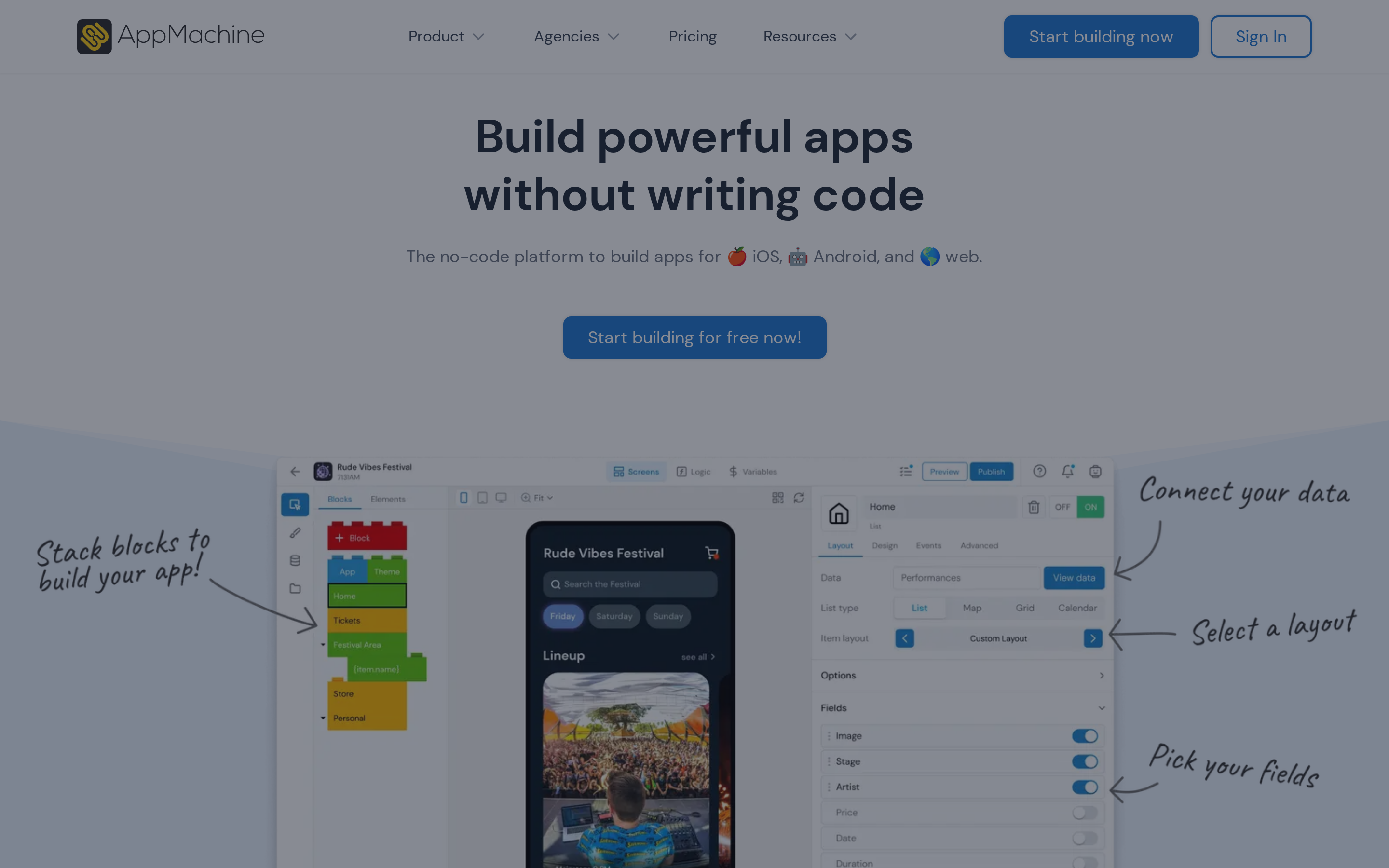 AppMachine website showing its no-code app builder platform