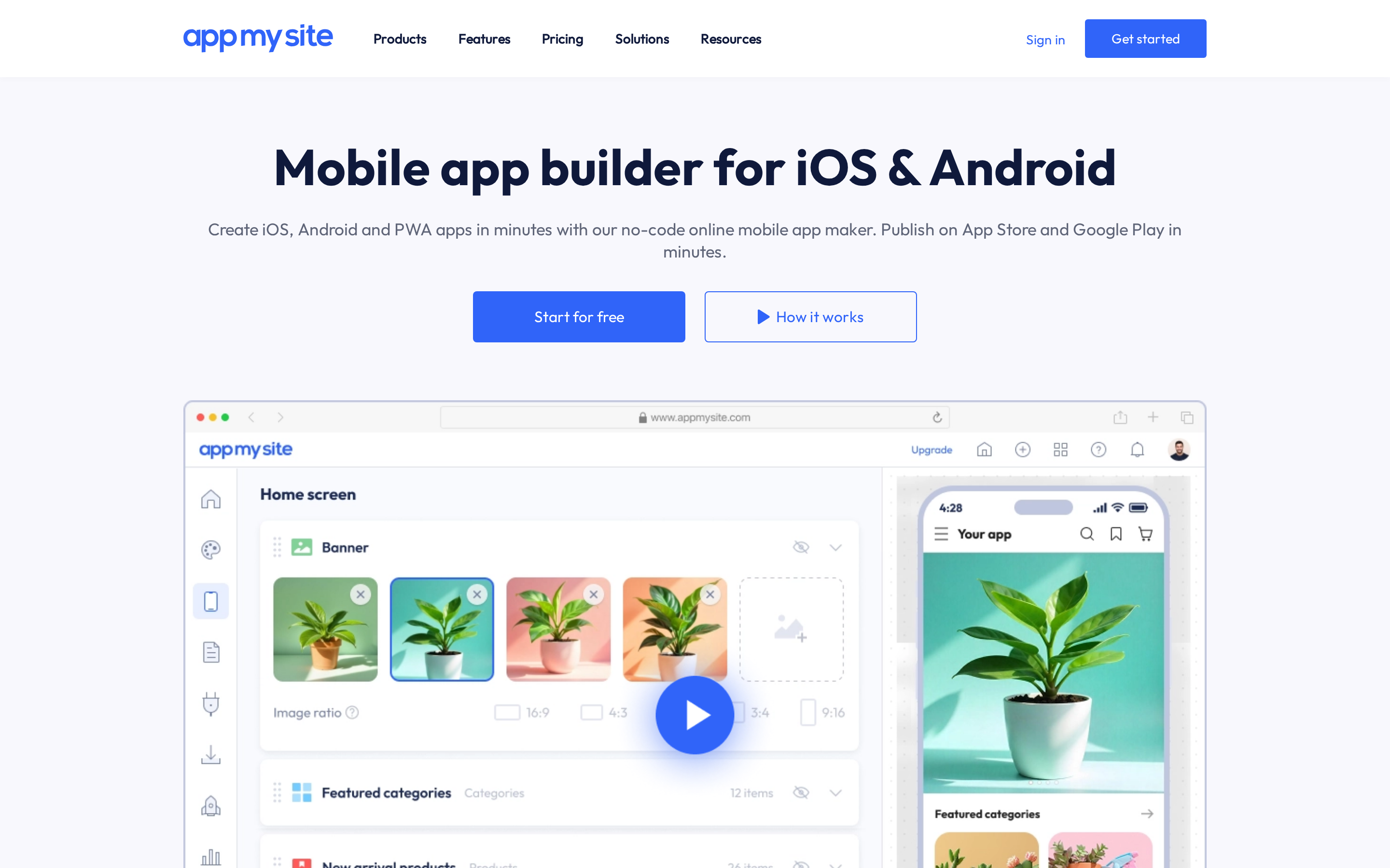 AppMySite's WordPress-to-app converter showing website content synced to native iOS app