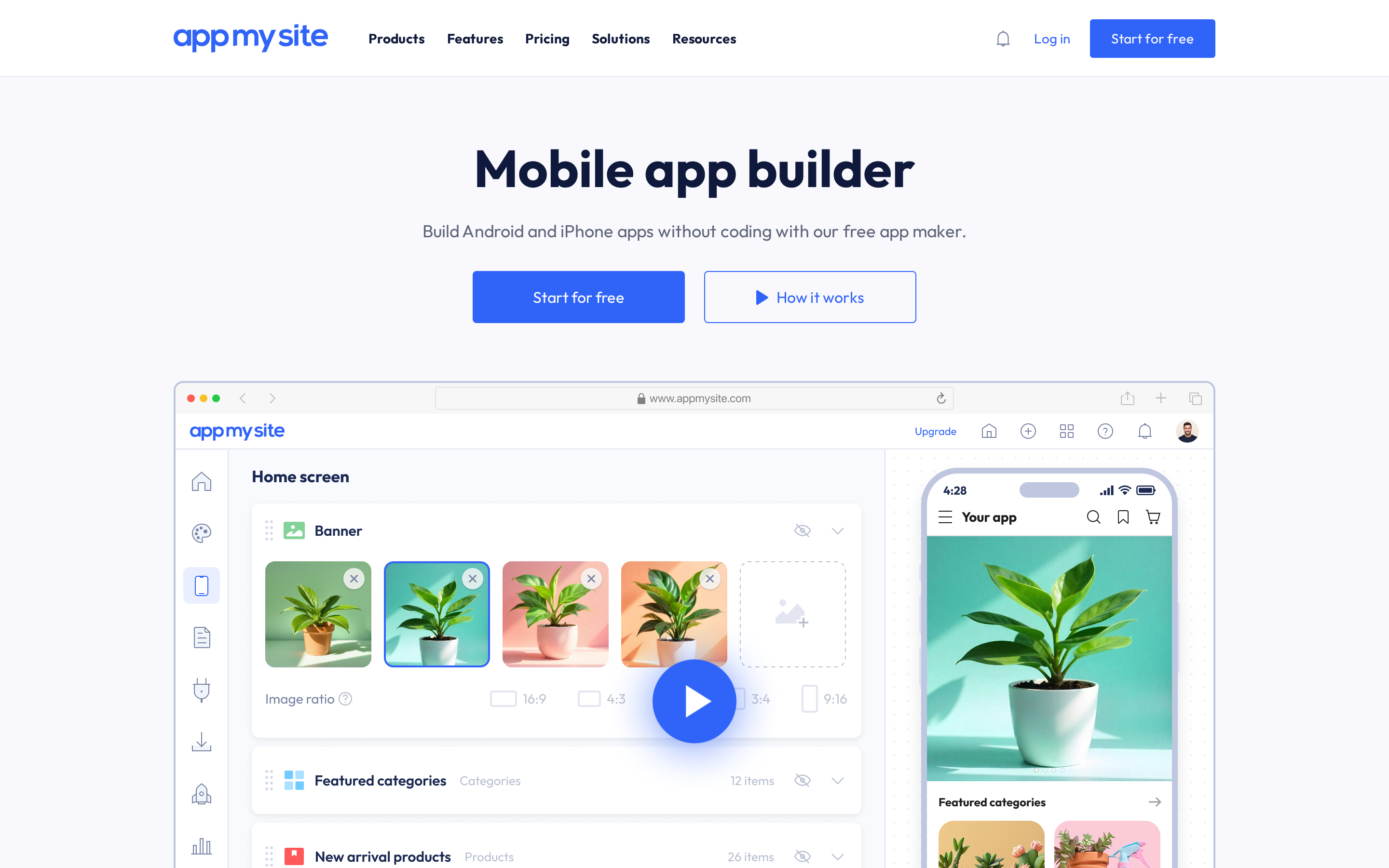 AppMySite landing page: self-serve tool that converts an existing website into Android and iPhone apps