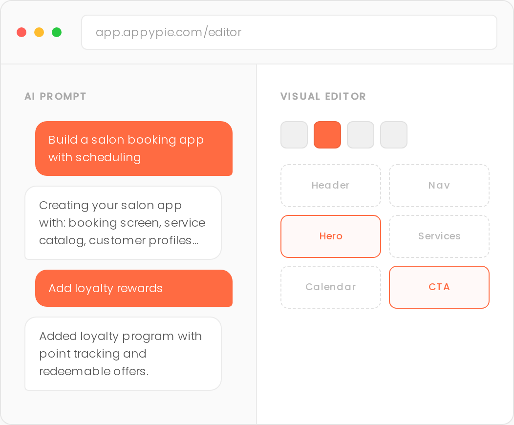 Appy Pie's AI-assisted visual app builder with template library and drag-and-drop interface