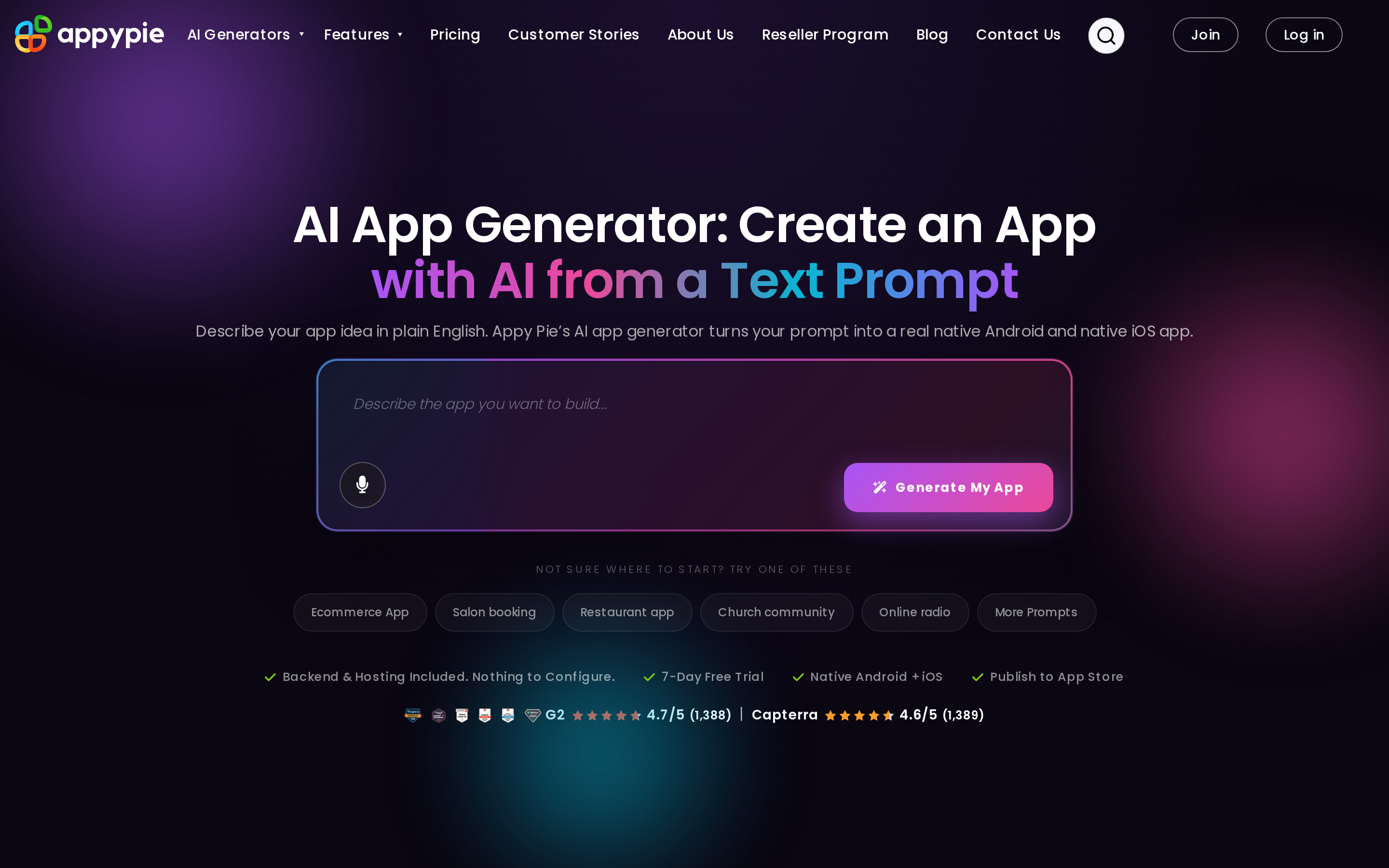 Appy Pie landing page: AI-generated starter apps and vertical business modules