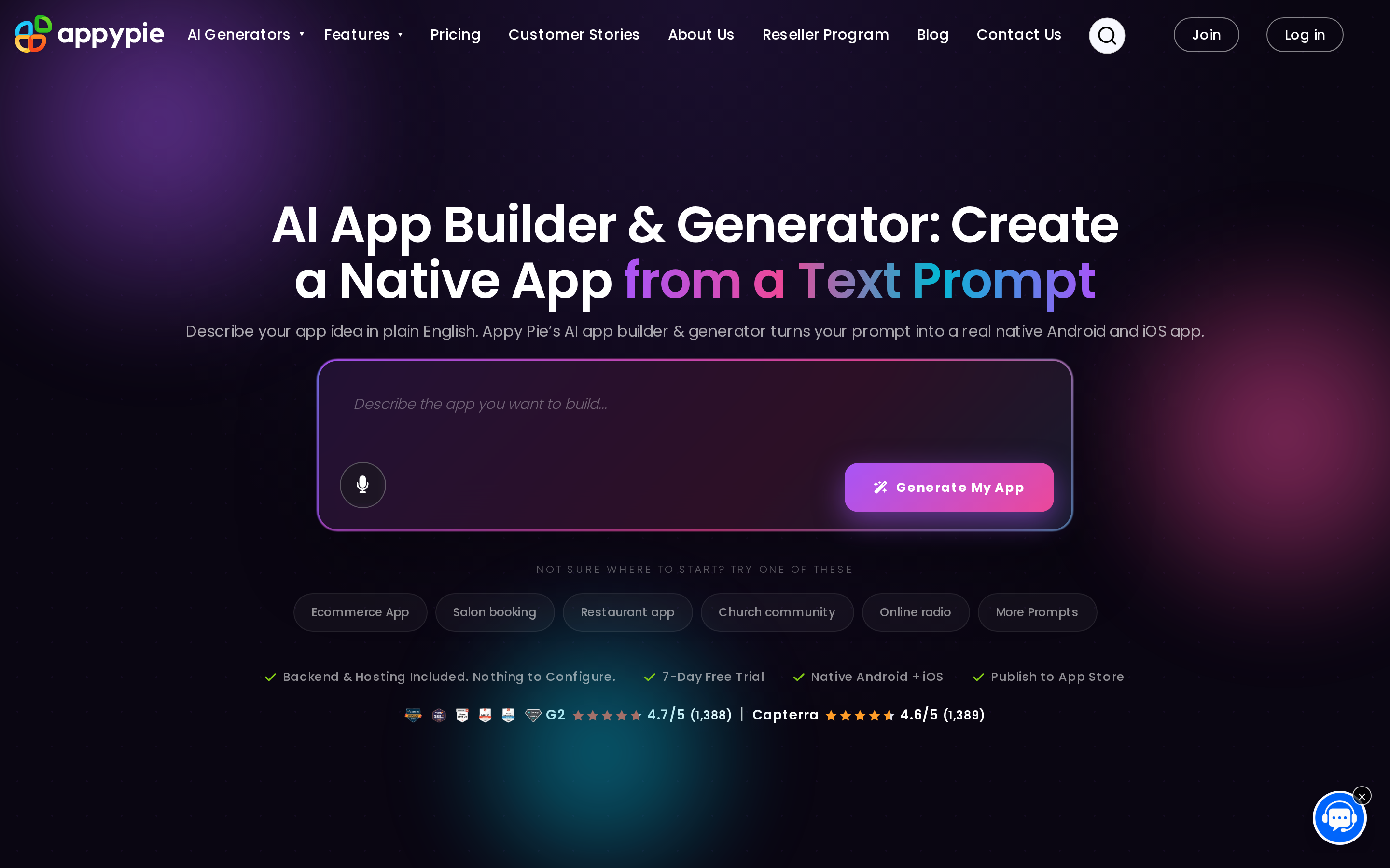 Appy Pie hybrid app builder with chat setup and visual editing