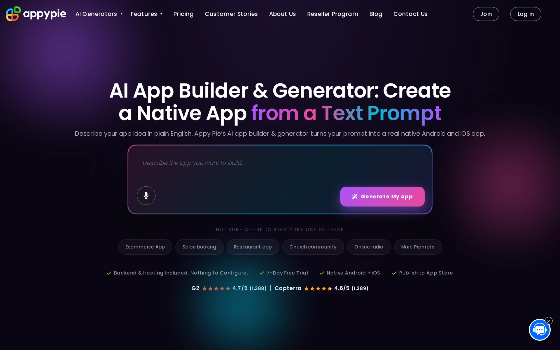 Appy Pie prompt-based builder for native mobile apps