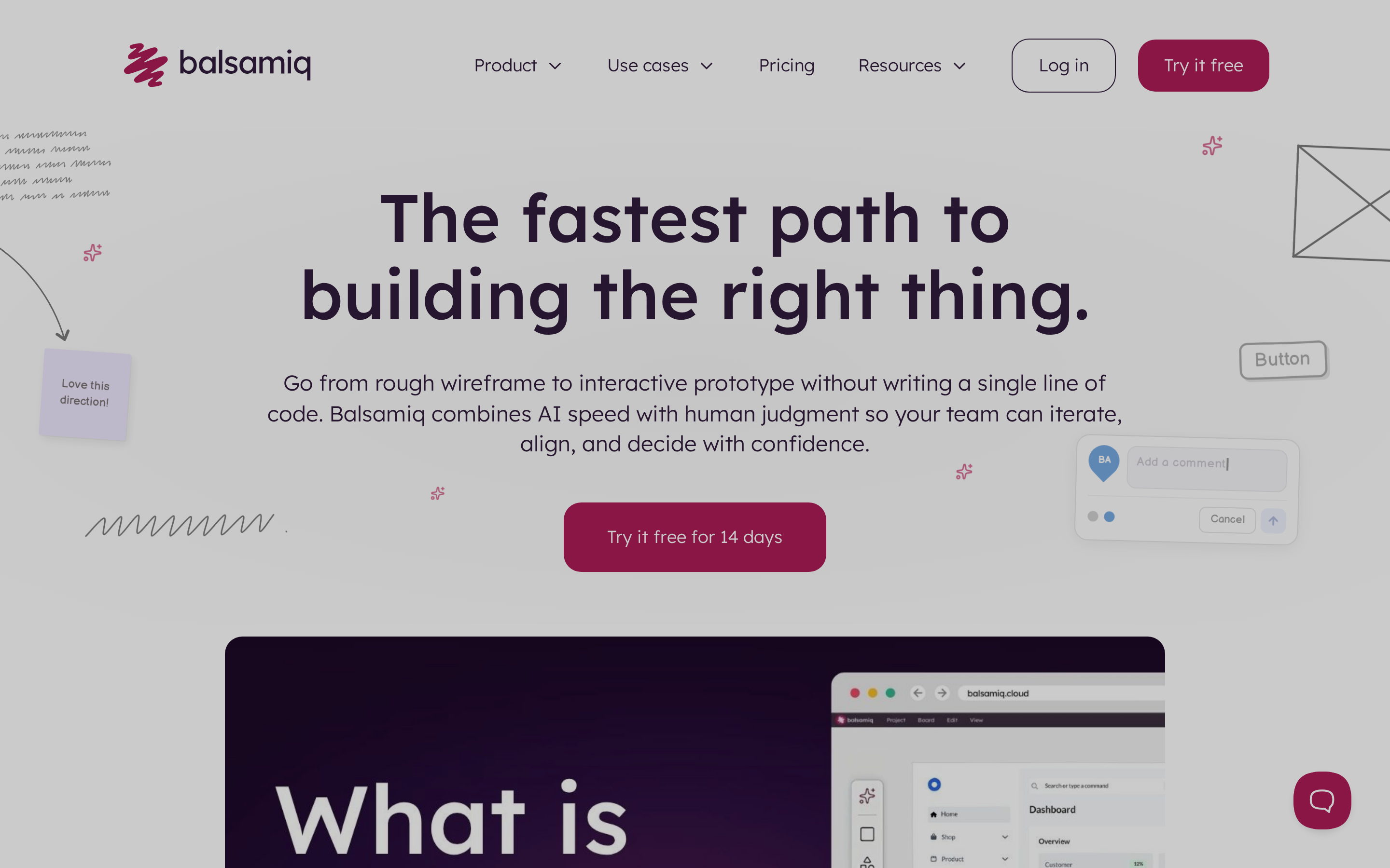 Balsamiq landing page hero showing its low-fidelity wireframing tool for early app flows