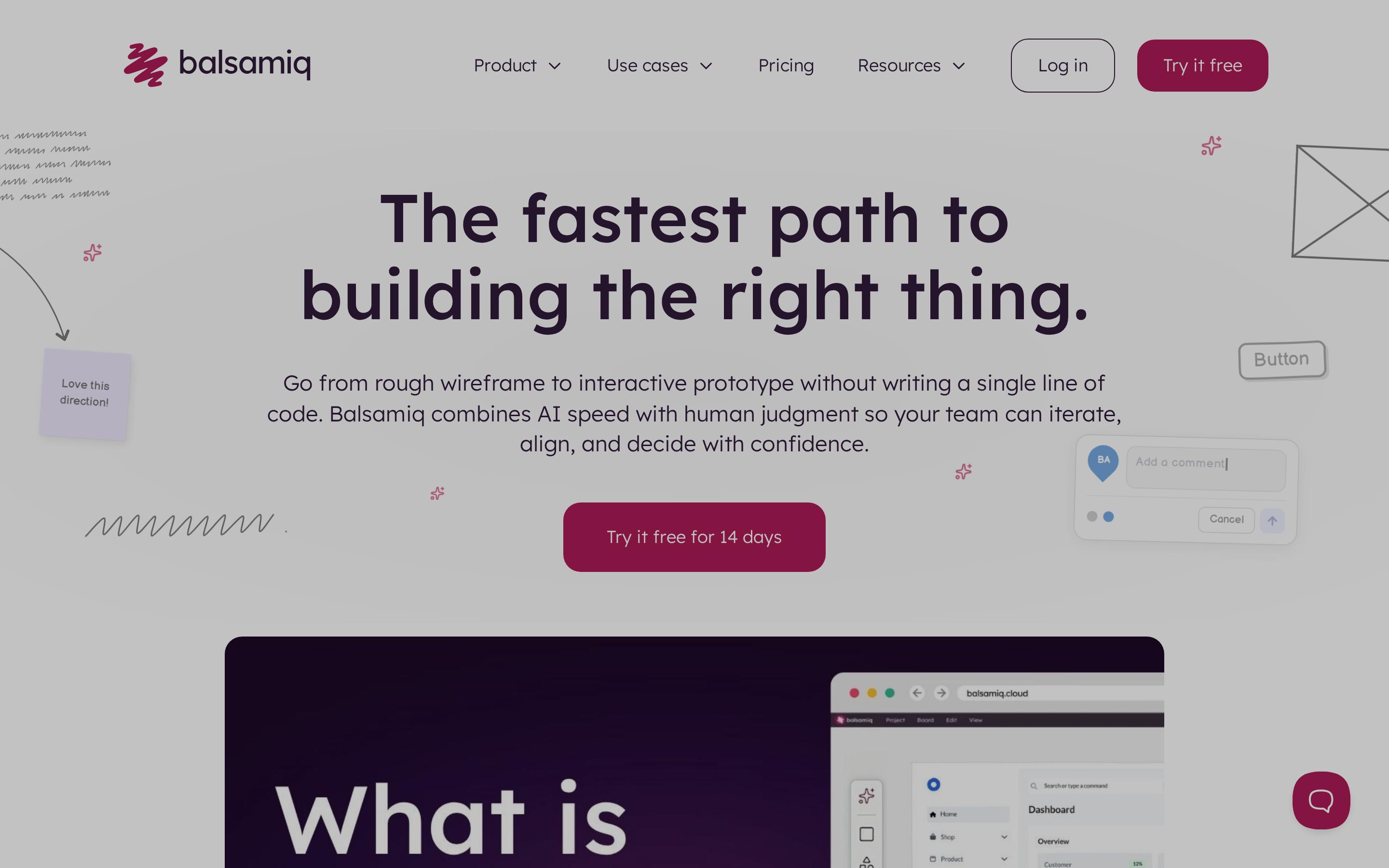 Balsamiq wireframing homepage showing its sketch-style low-fidelity approach