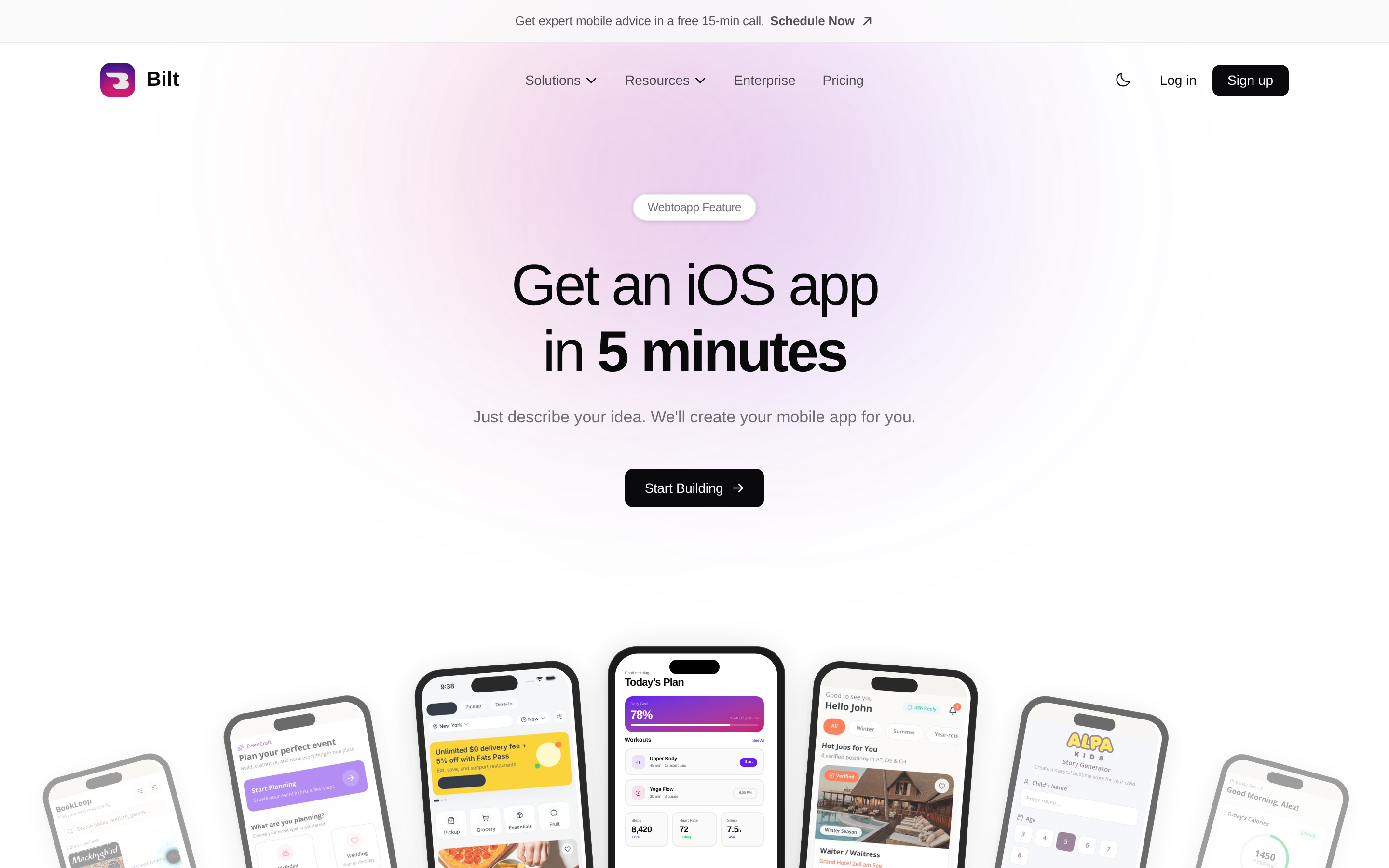 Bilt.me app builder dashboard with AI conversation interface