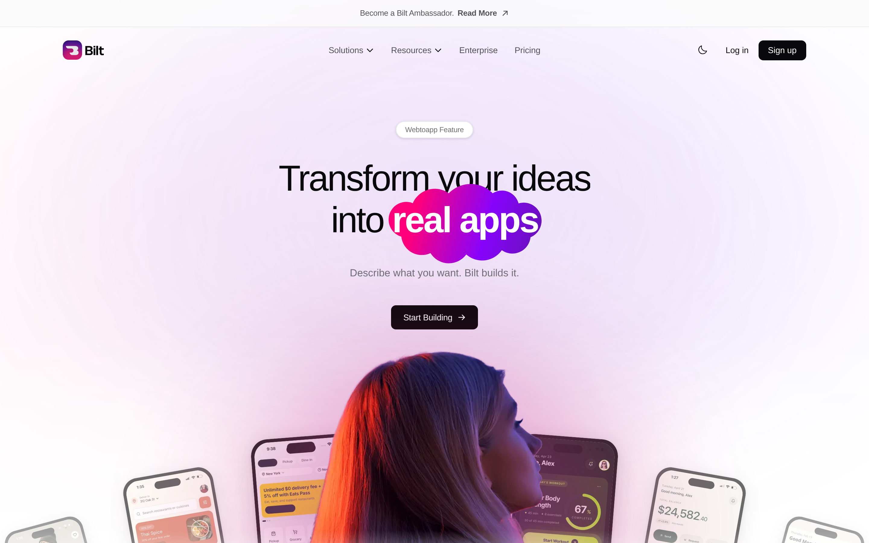 Bilt's chat-based iOS app builder interface with AI-generated React Native code and preview